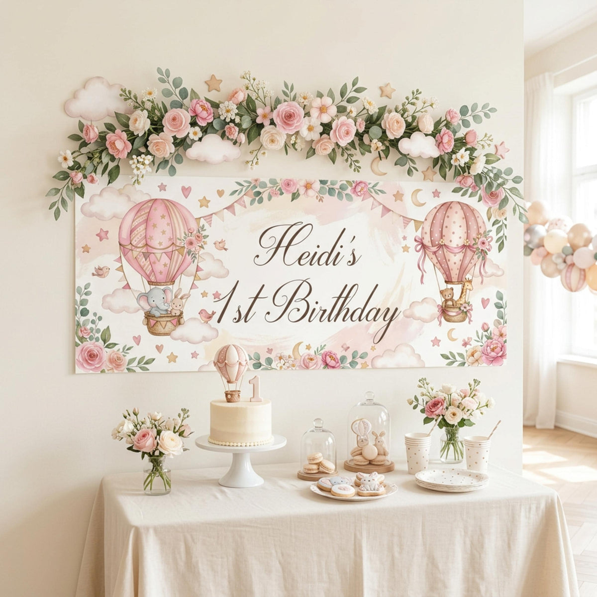 Personalised 1st Birthday Banner, Pink Hot Air Balloons, Girls Party Wall Sign