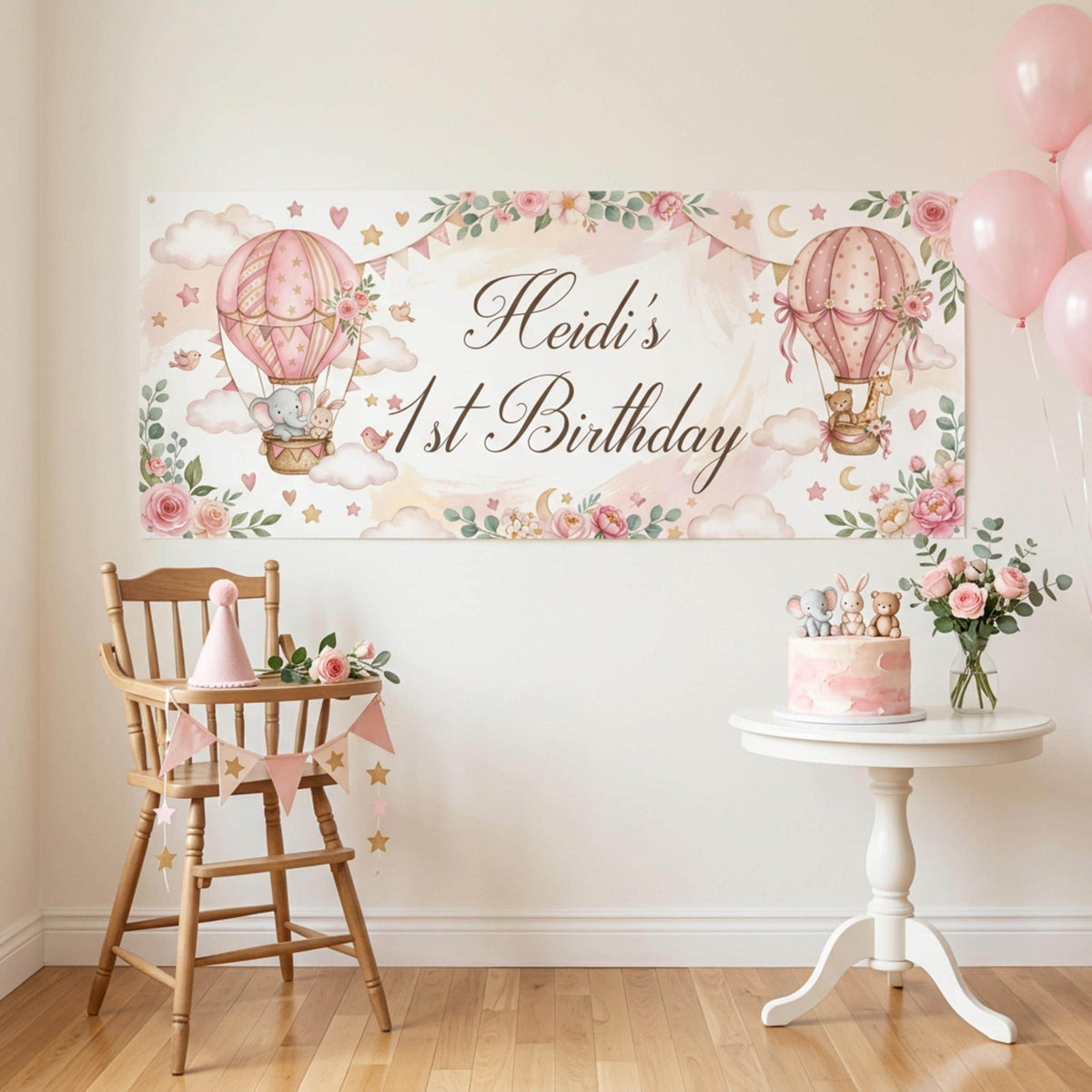 Personalised 1st Birthday Banner, Pink Hot Air Balloons, Girls Party Wall Sign