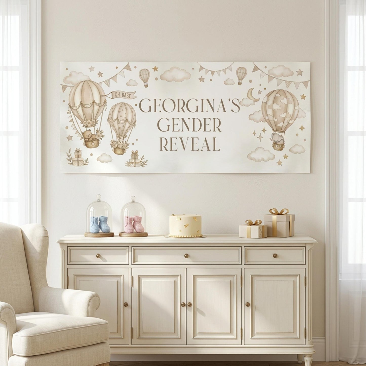 Personalised Beige Gender Reveal Banner, Hot Air Balloon Party Backdrop, Neutral Wall Sign