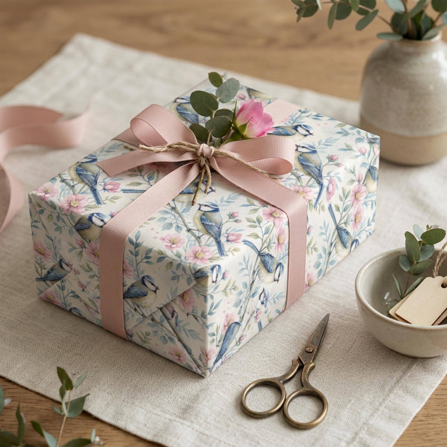 Blue Tit and Blossom Wrapping Paper, Vintage Garden Bird Gift Wrap Sheet, large size