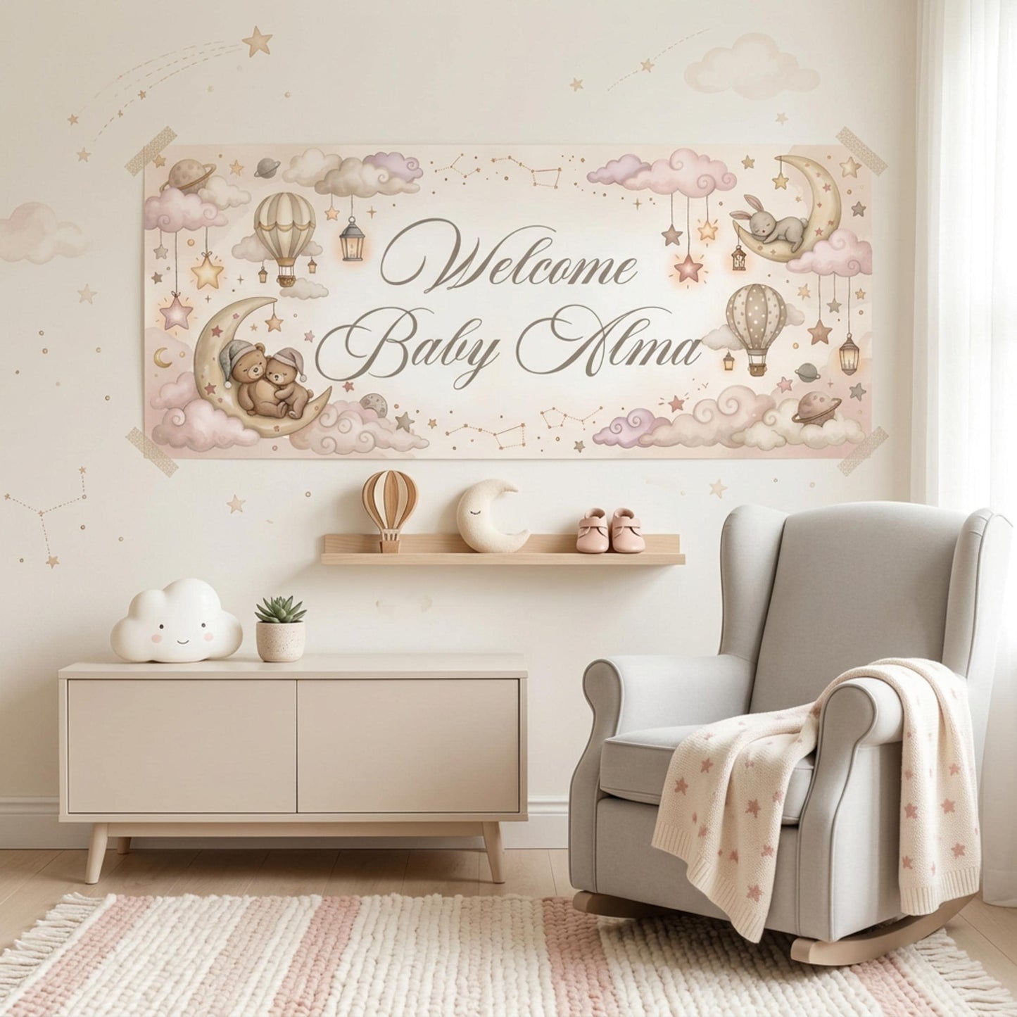 Personalised Welcome Baby Girl Banner, Celestial Nursery Backdrop