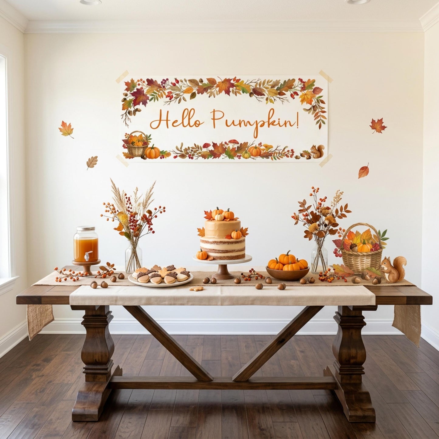Personalised Pumpkin Birthday Banner, Autumn Floral Backdrop, Rustic Fall Wall Decor