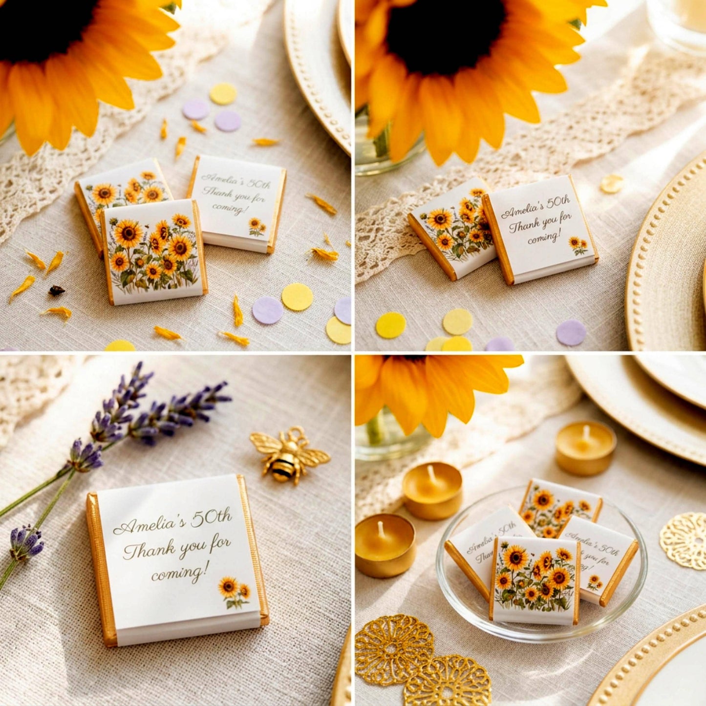 Personalised Sunflower Chocolate Favours - Rustic Floral Wedding Table Decor - 50th Birthday Party Bag Fillers