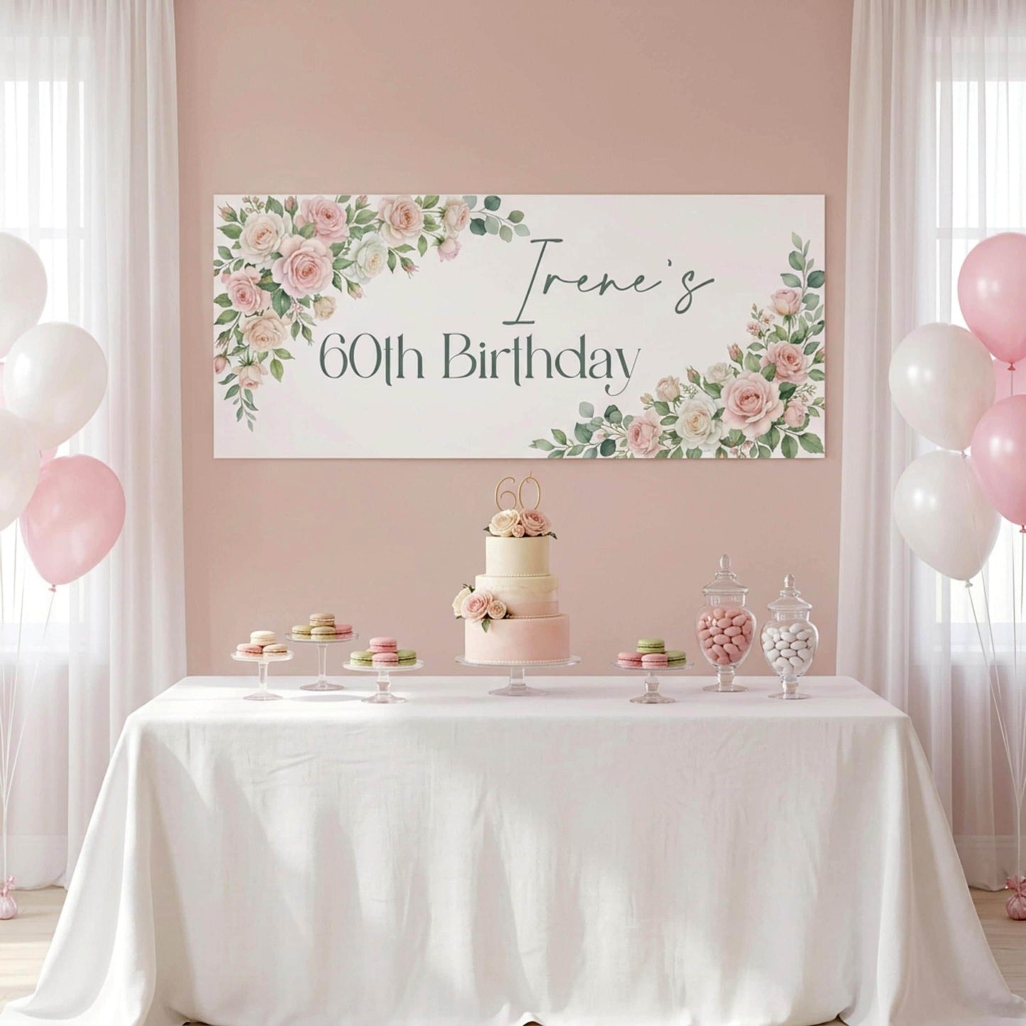 Personalised Milestone Birthday Banner, Pink Roses Party Backdrop for Her, Anniversary Wall Sign