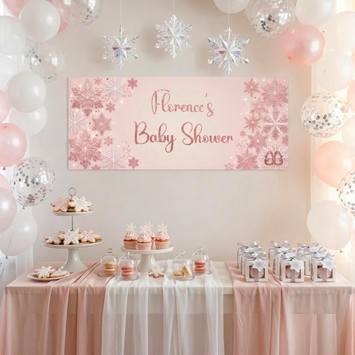 Personalised Snowflake Baby Shower Banner - Pink Winter Wonderland Decor