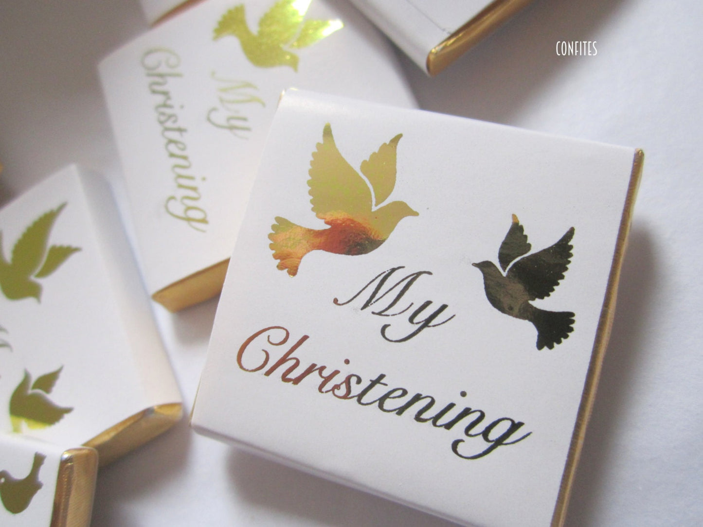 Personalised Christening Favours - Gold Foiled Dove Baptism Treats - Naming Day Party Bag Fillers