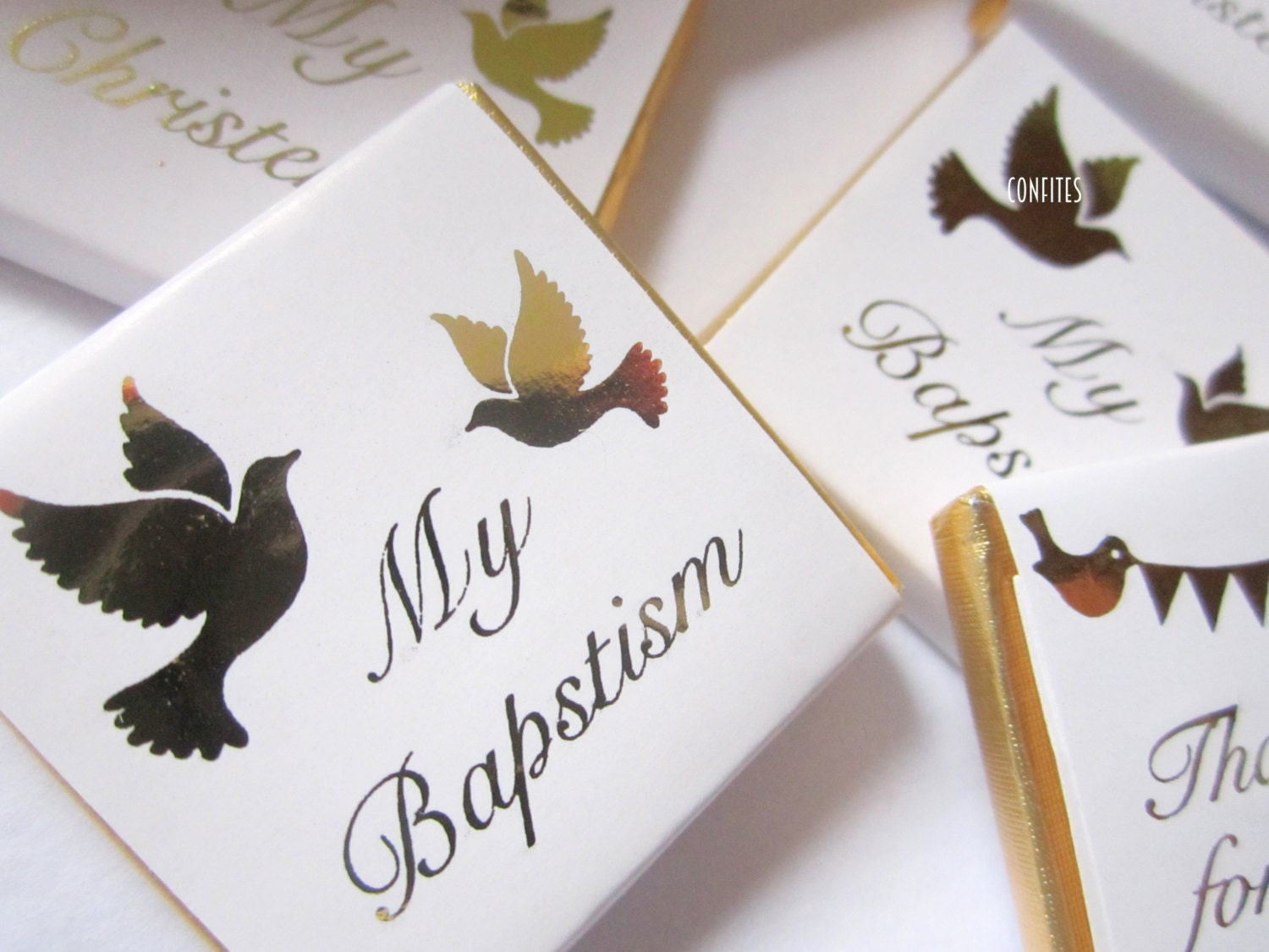 Personalised Christening Favours - Gold Foiled Dove Baptism Treats - Naming Day Party Bag Fillers