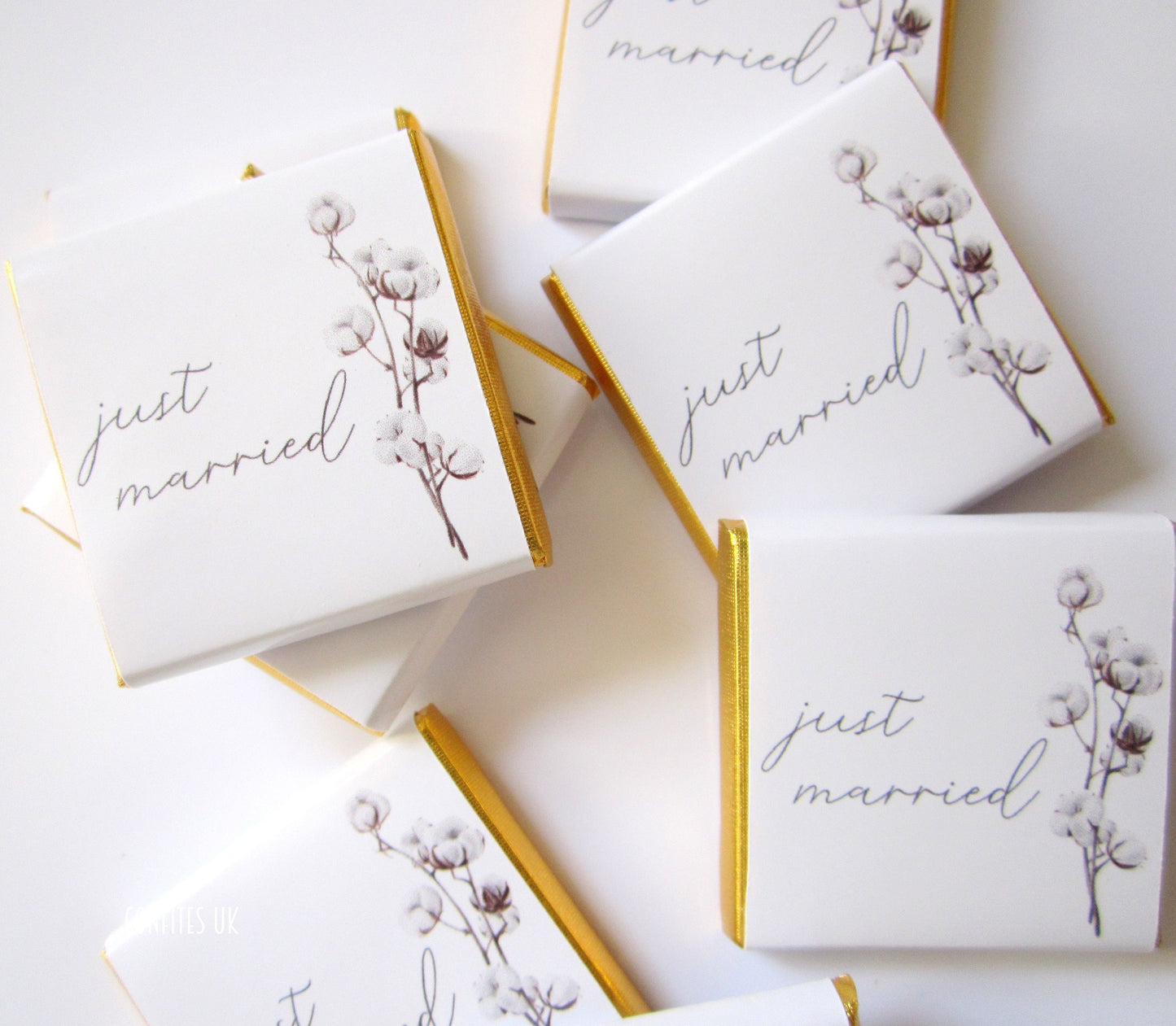 Personalised Cotton Blossom Wedding Favours - Just Married Chocolate Treats - Custom Boho Floral Guest Gifts