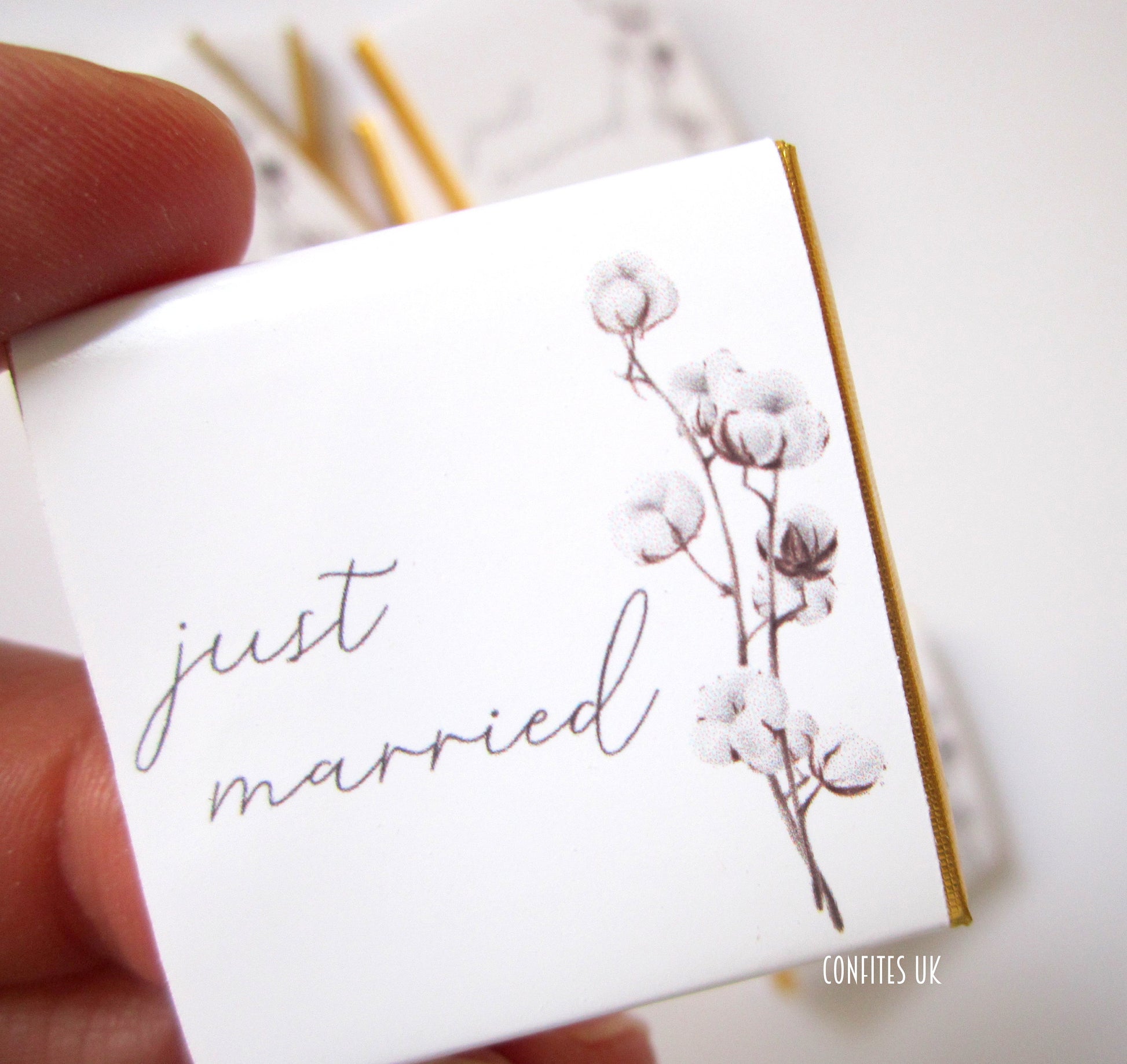 Personalised Cotton Blossom Wedding Favours - Just Married Chocolate Treats - Custom Boho Floral Guest Gifts