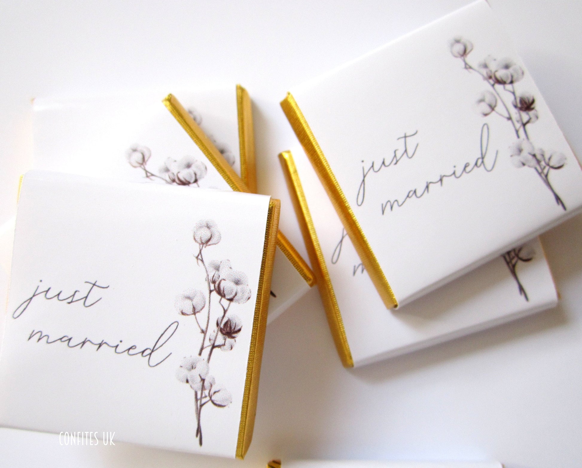Personalised Cotton Blossom Wedding Favours - Just Married Chocolate Treats - Custom Boho Floral Guest Gifts