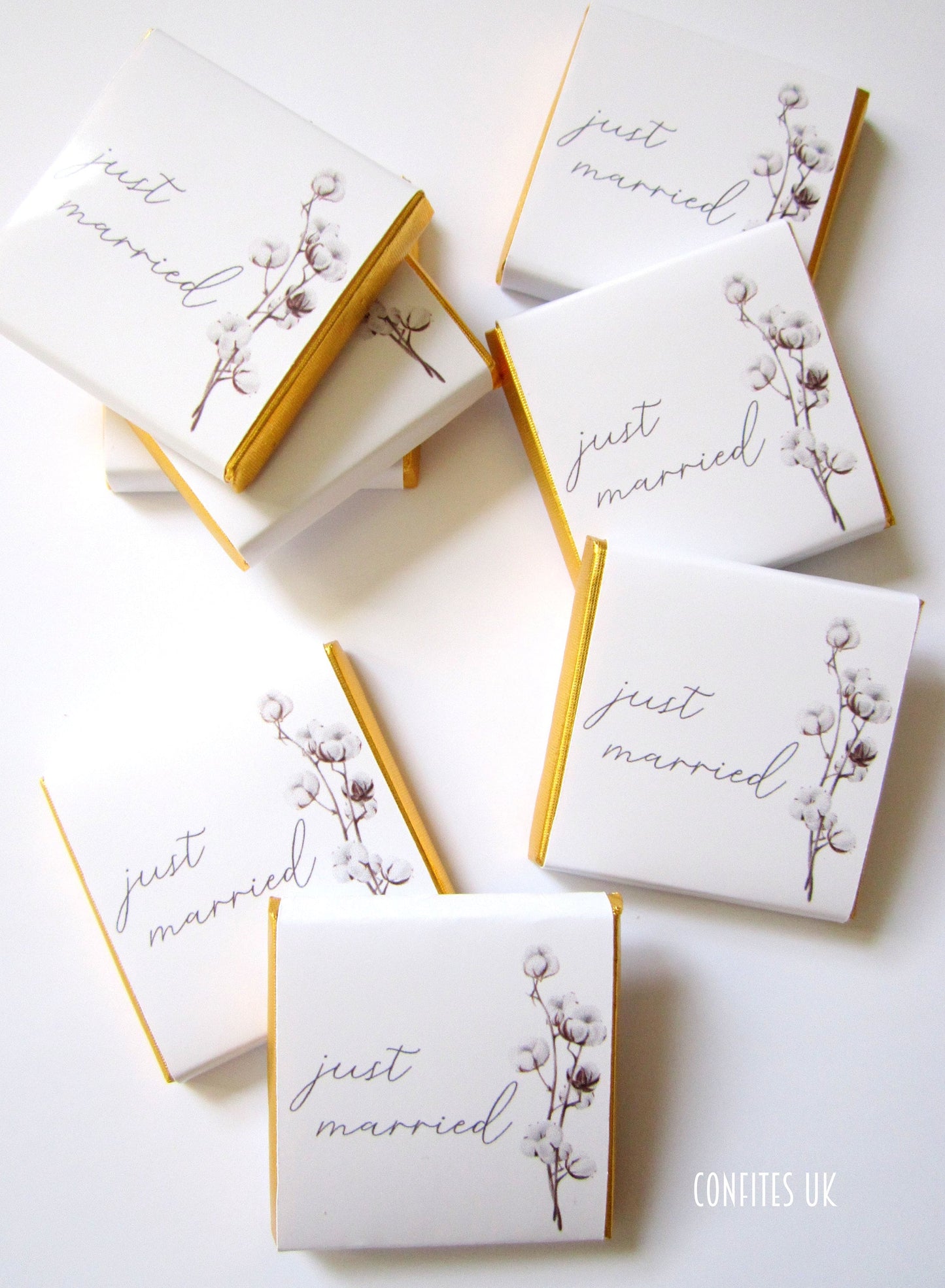 Personalised Cotton Blossom Wedding Favours - Just Married Chocolate Treats - Custom Boho Floral Guest Gifts