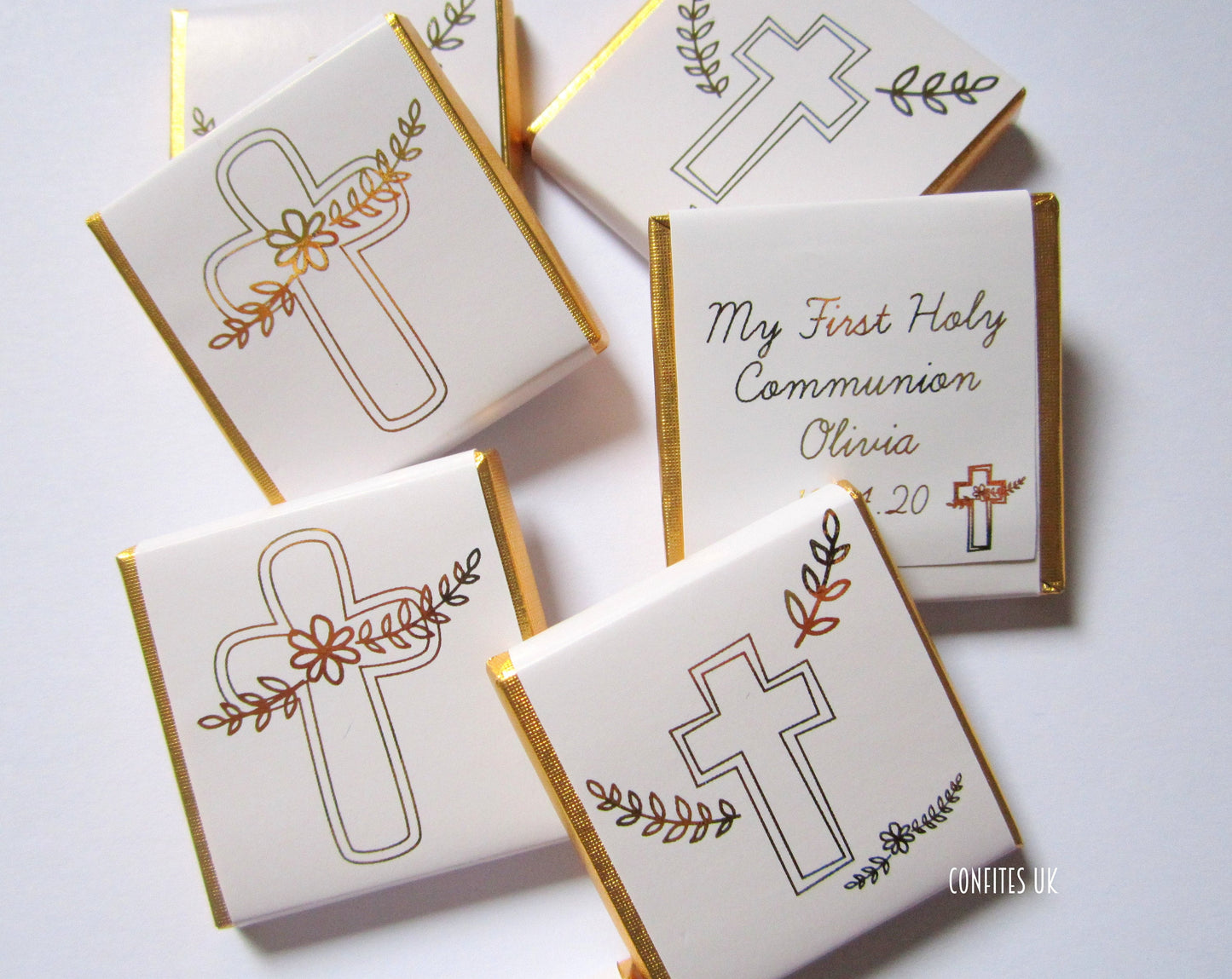 Personalised First Holy Communion Chocolates – Gold Foiled Cross Favours for Boys and Girls