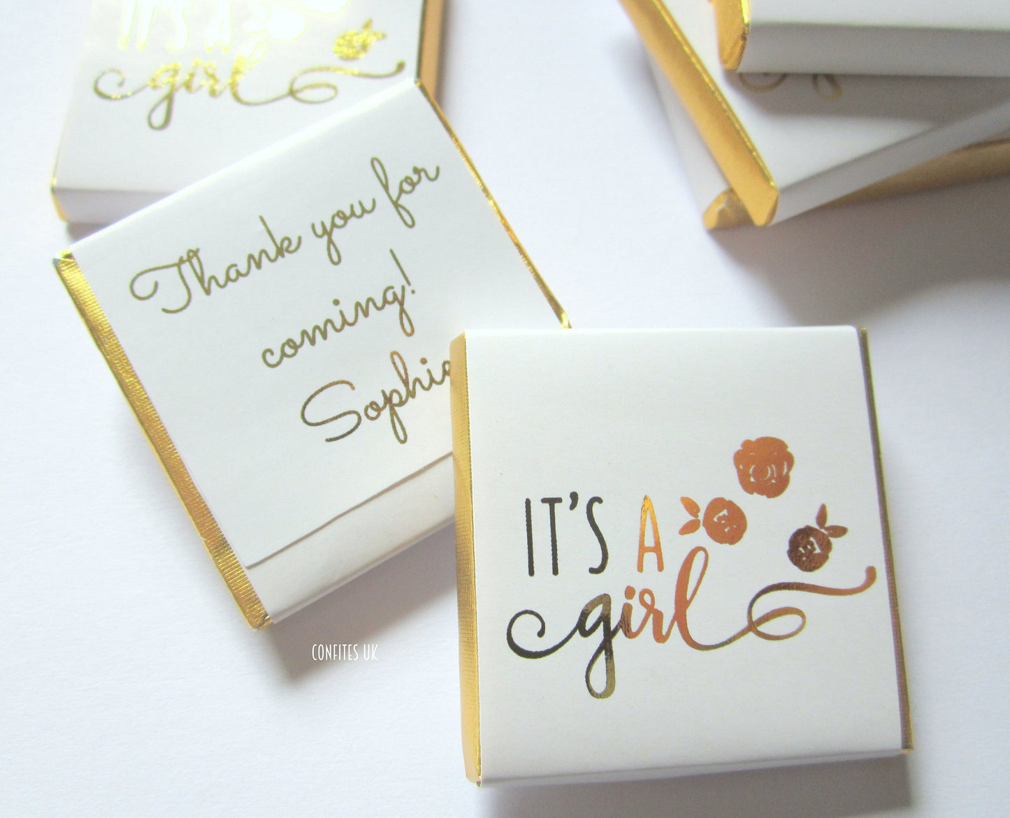 Personalised It's a Girl Baby Shower Chocolates – Gold Floral Favours, Guest Party Bag Fillers