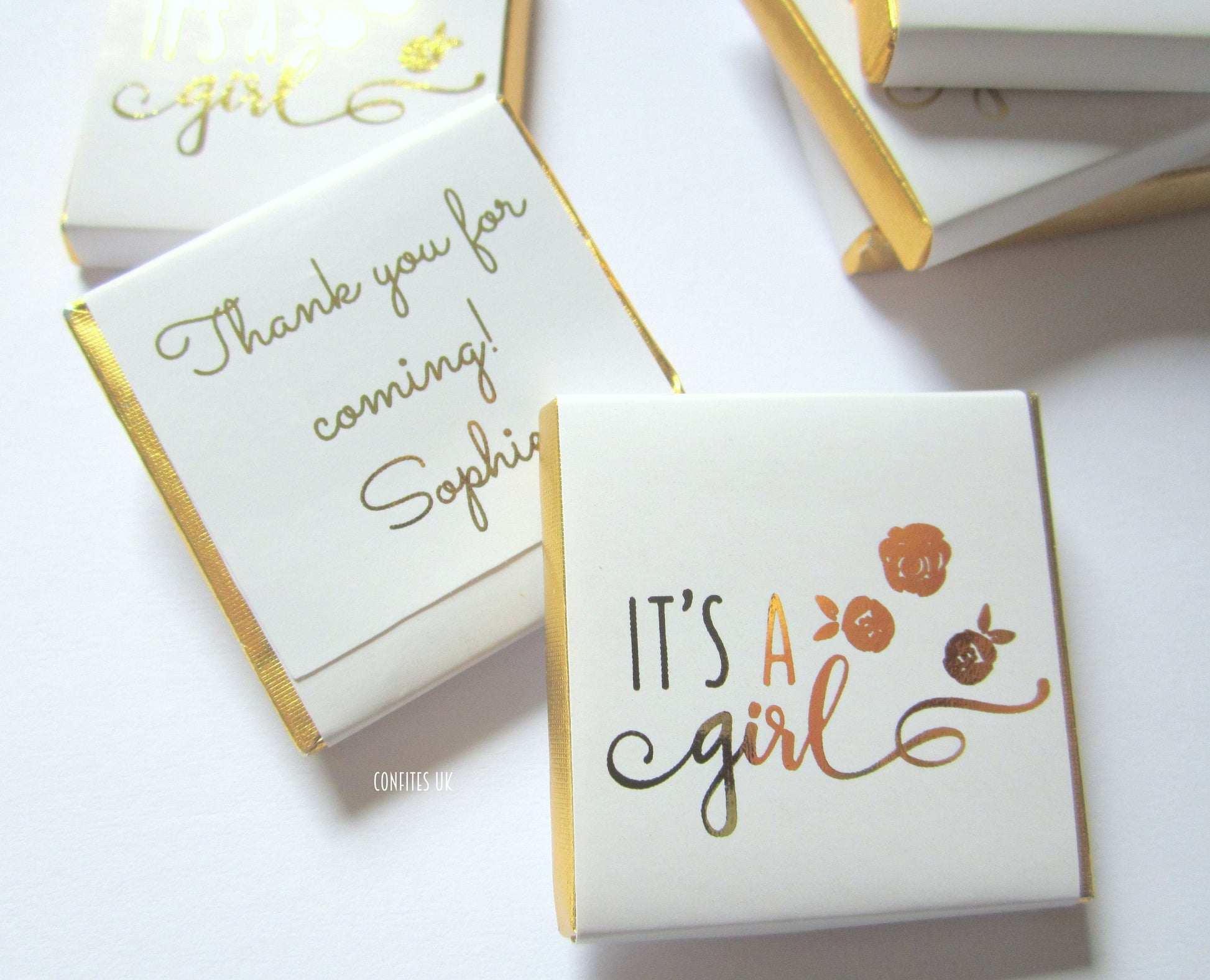 Personalised It's a Girl Baby Shower Chocolates – Gold Floral Favours, Guest Party Bag Fillers
