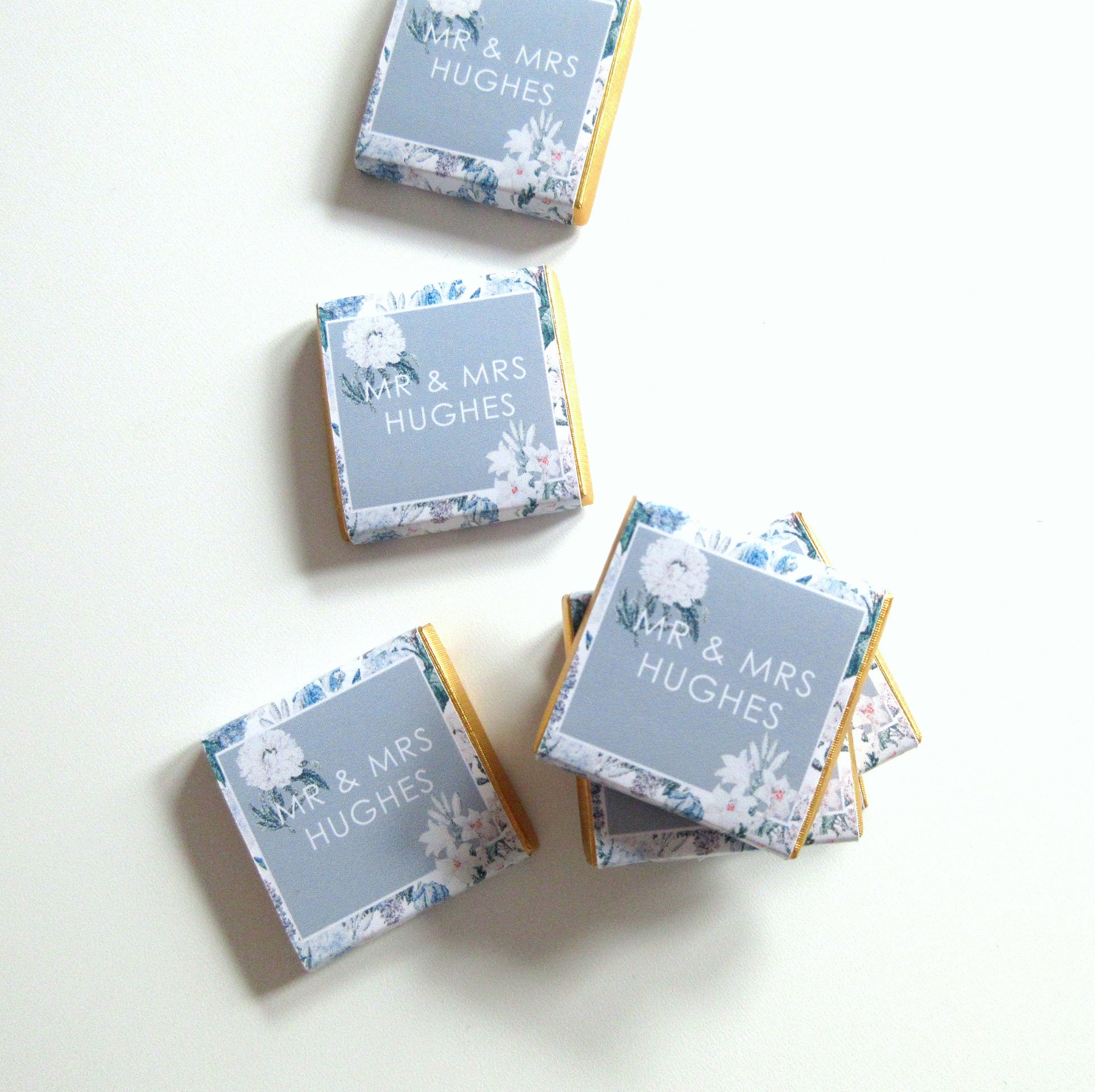 Personalised Blue Floral Wedding Chocolates – Custom Guest Favours