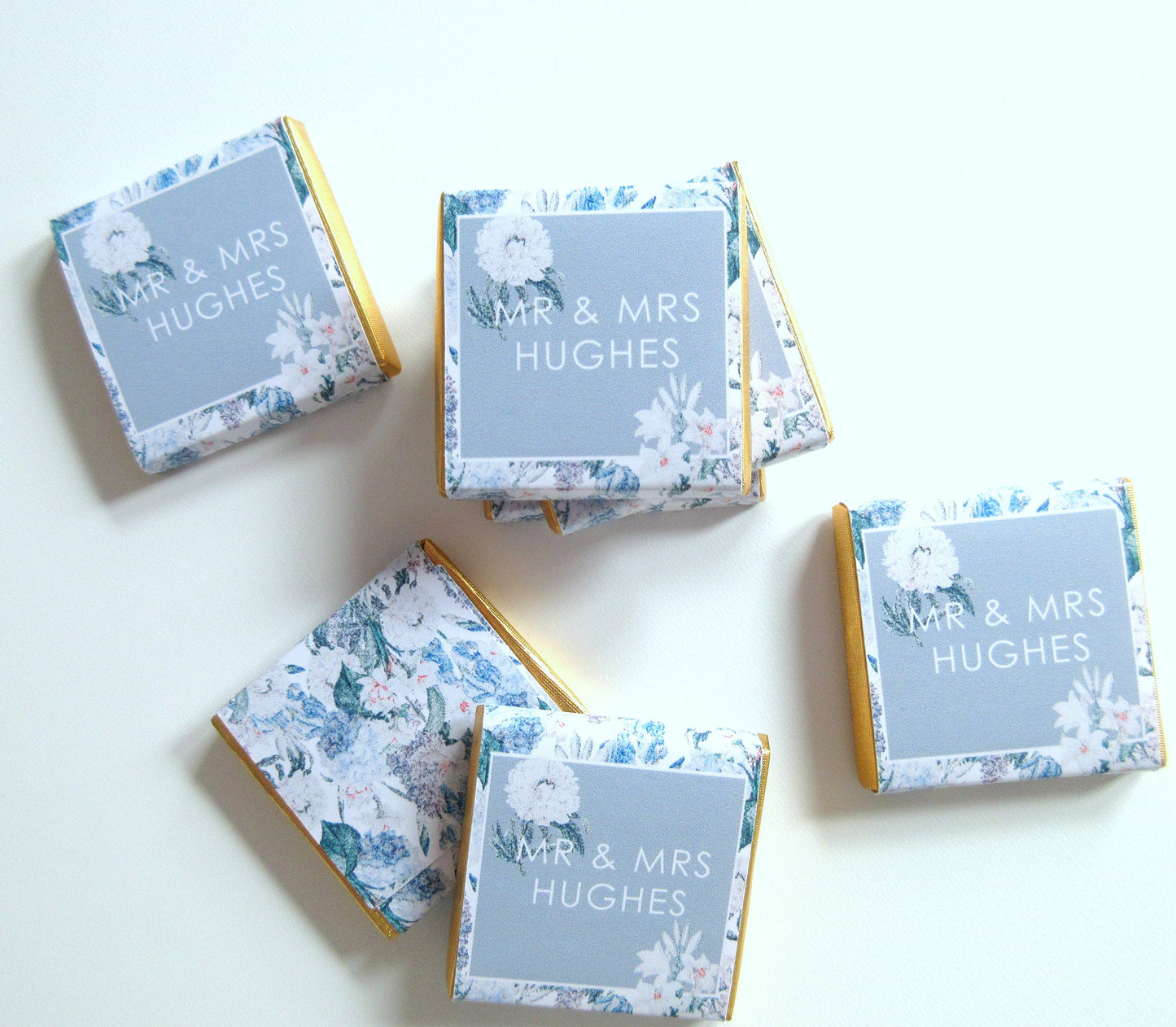 Personalised Blue Floral Wedding Chocolates – Custom Guest Favours