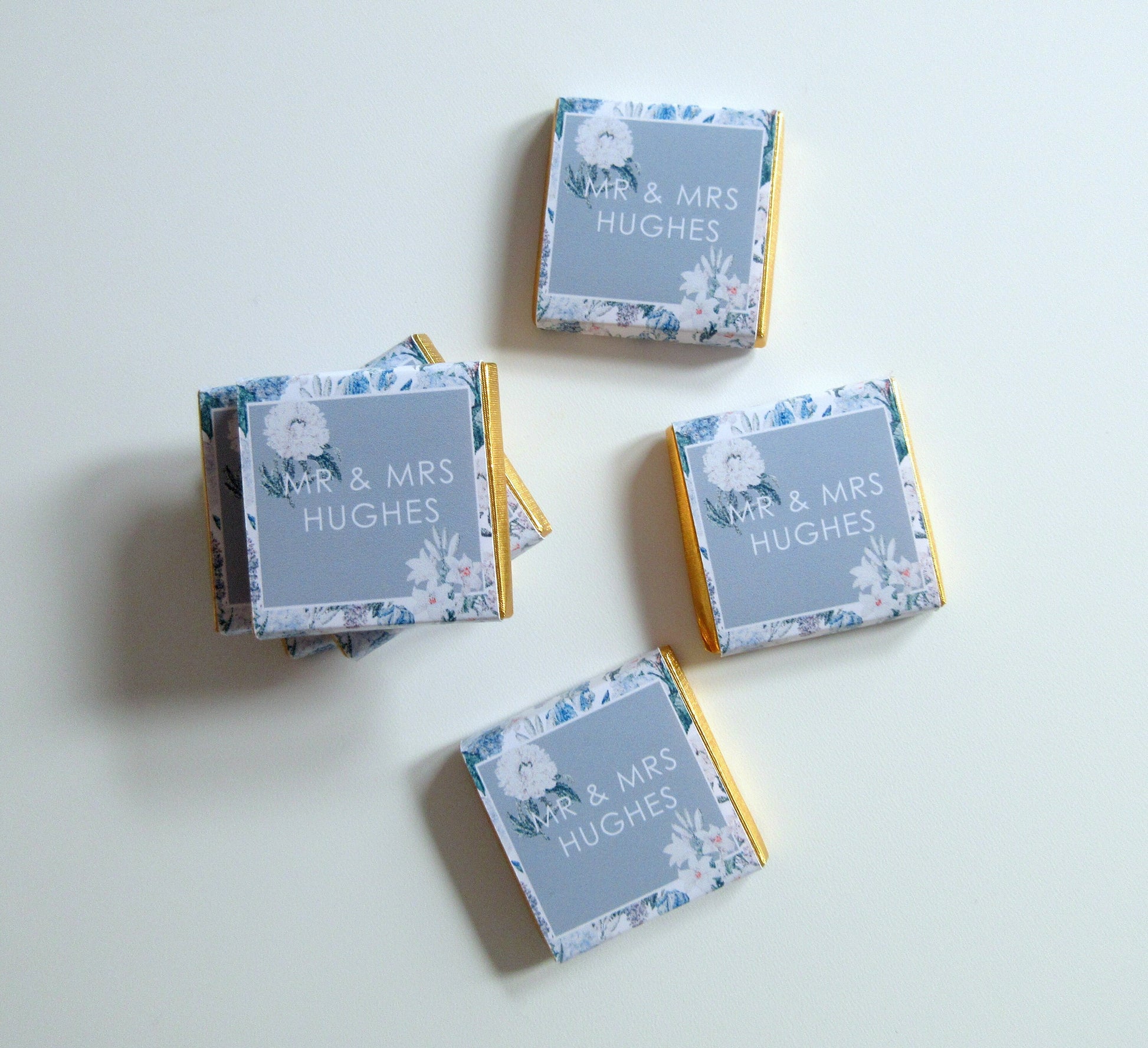 Personalised Blue Floral Wedding Chocolates – Custom Guest Favours