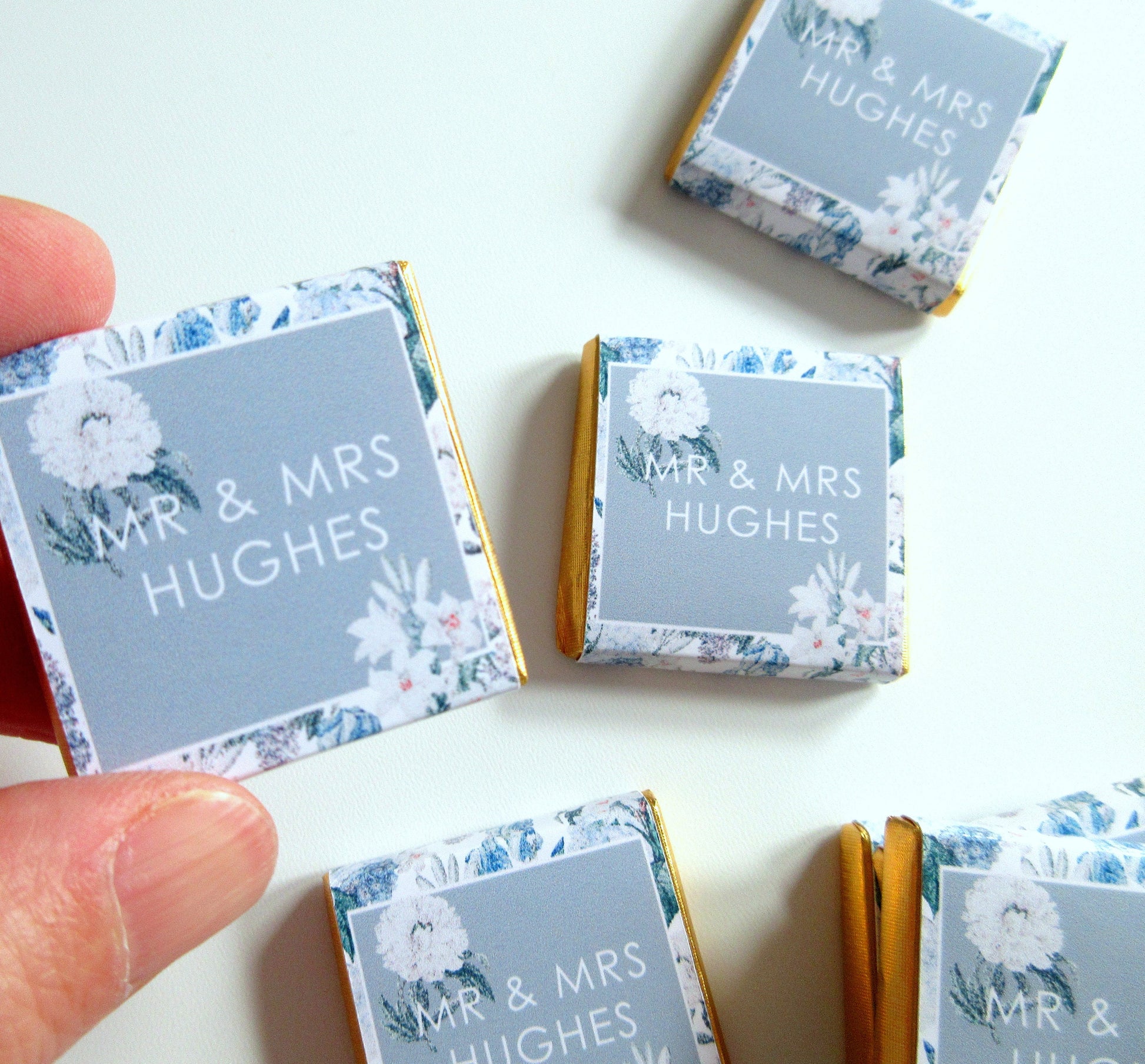Personalised Blue Floral Wedding Chocolates – Custom Guest Favours