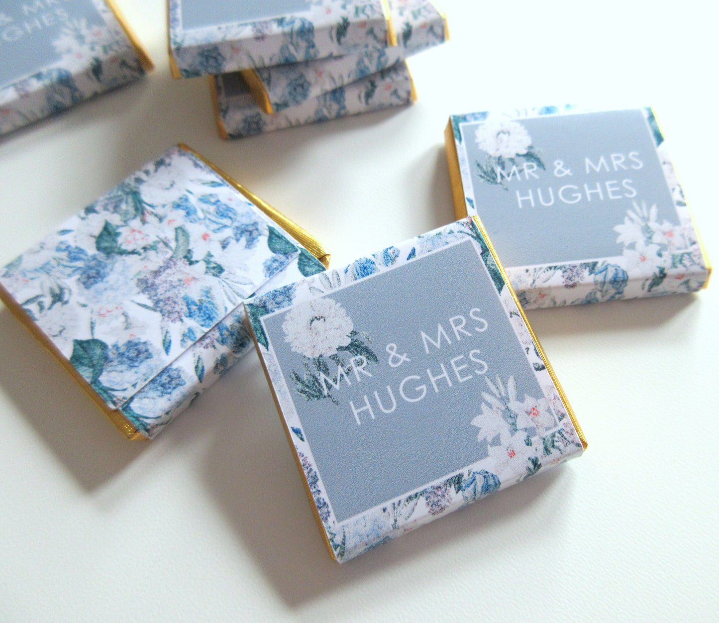 Personalised Blue Floral Wedding Chocolates – Custom Guest Favours