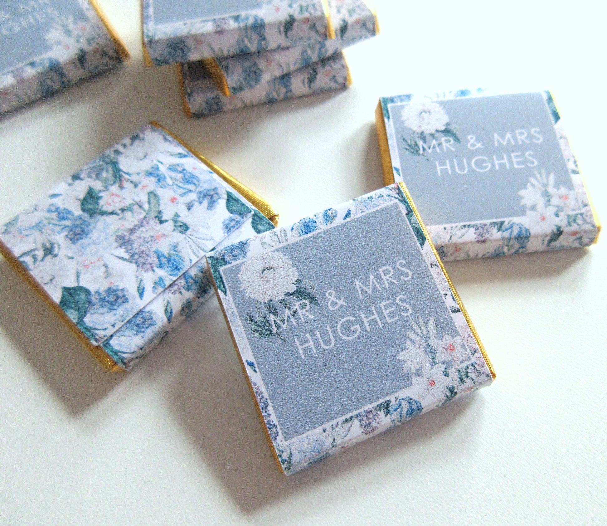 Personalised Blue Floral Wedding Chocolates – Custom Guest Favours