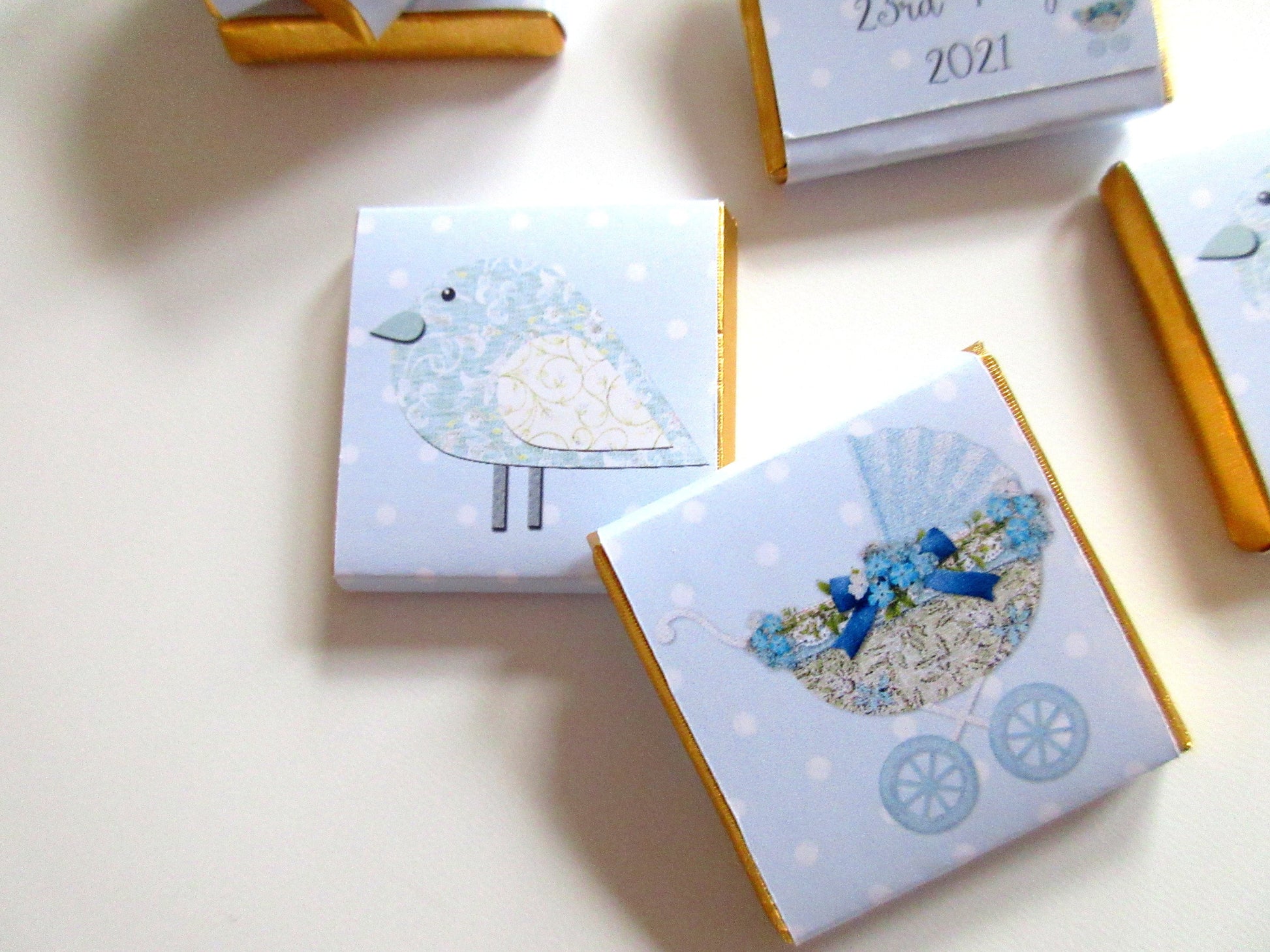 Personalised Baby Shower Chocolates – Pastel Blue Bird & Pram Treats