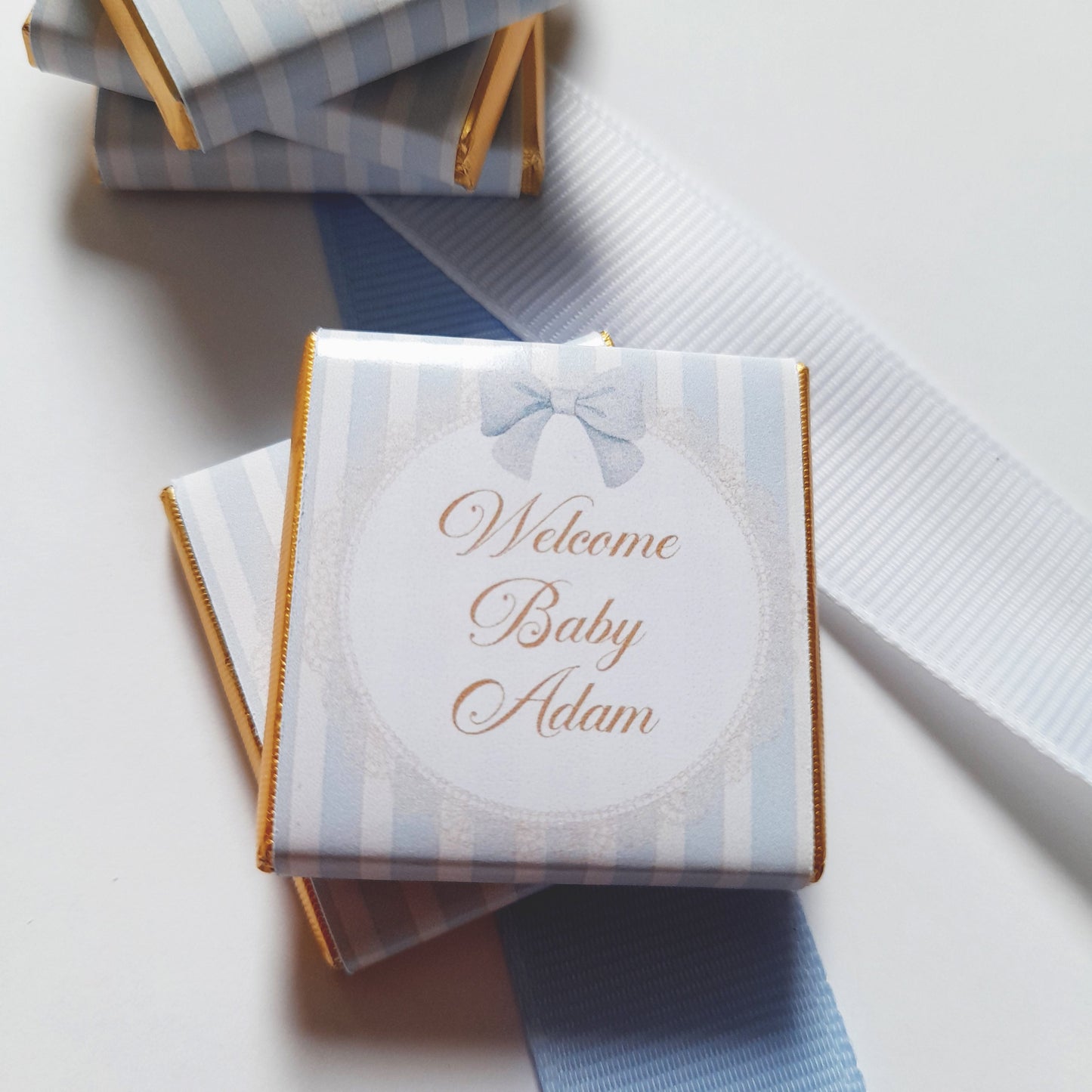 Personalised Baby Boy Chocolate Favours – Blue Stripe New Arrival Treats
