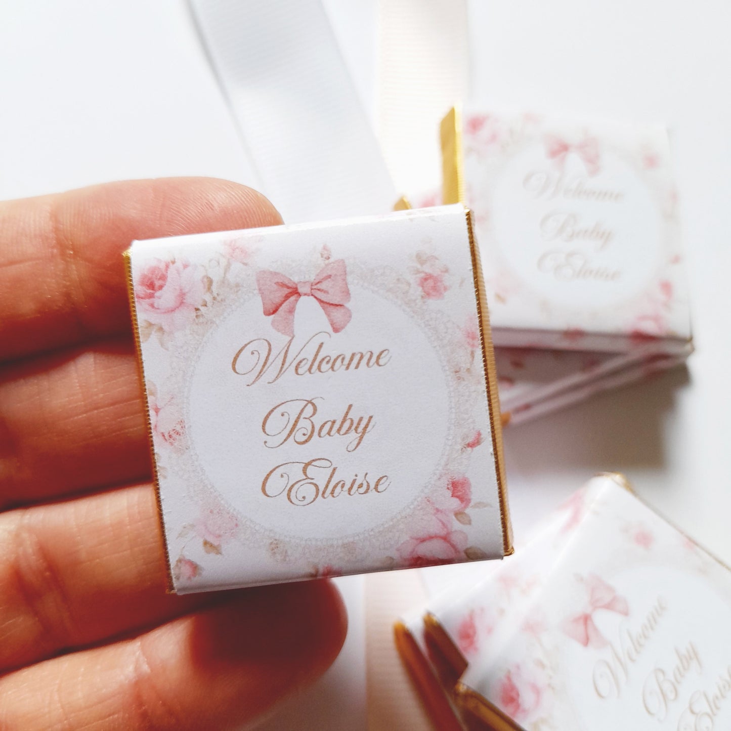 Personalised pink floral milk chocolates for baby girl shower favours and table decor
