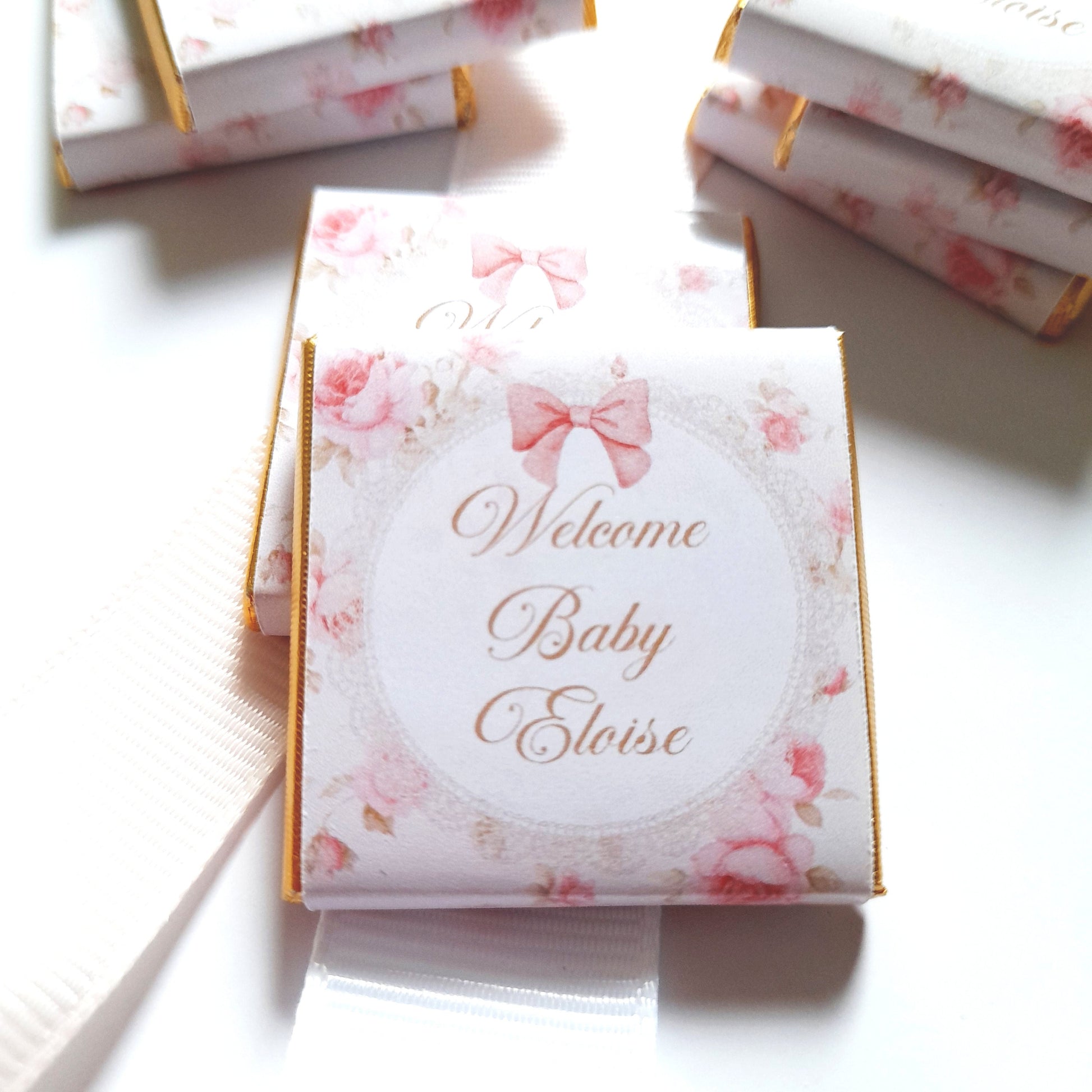 Personalised pink floral milk chocolates for baby girl shower favours and table decor