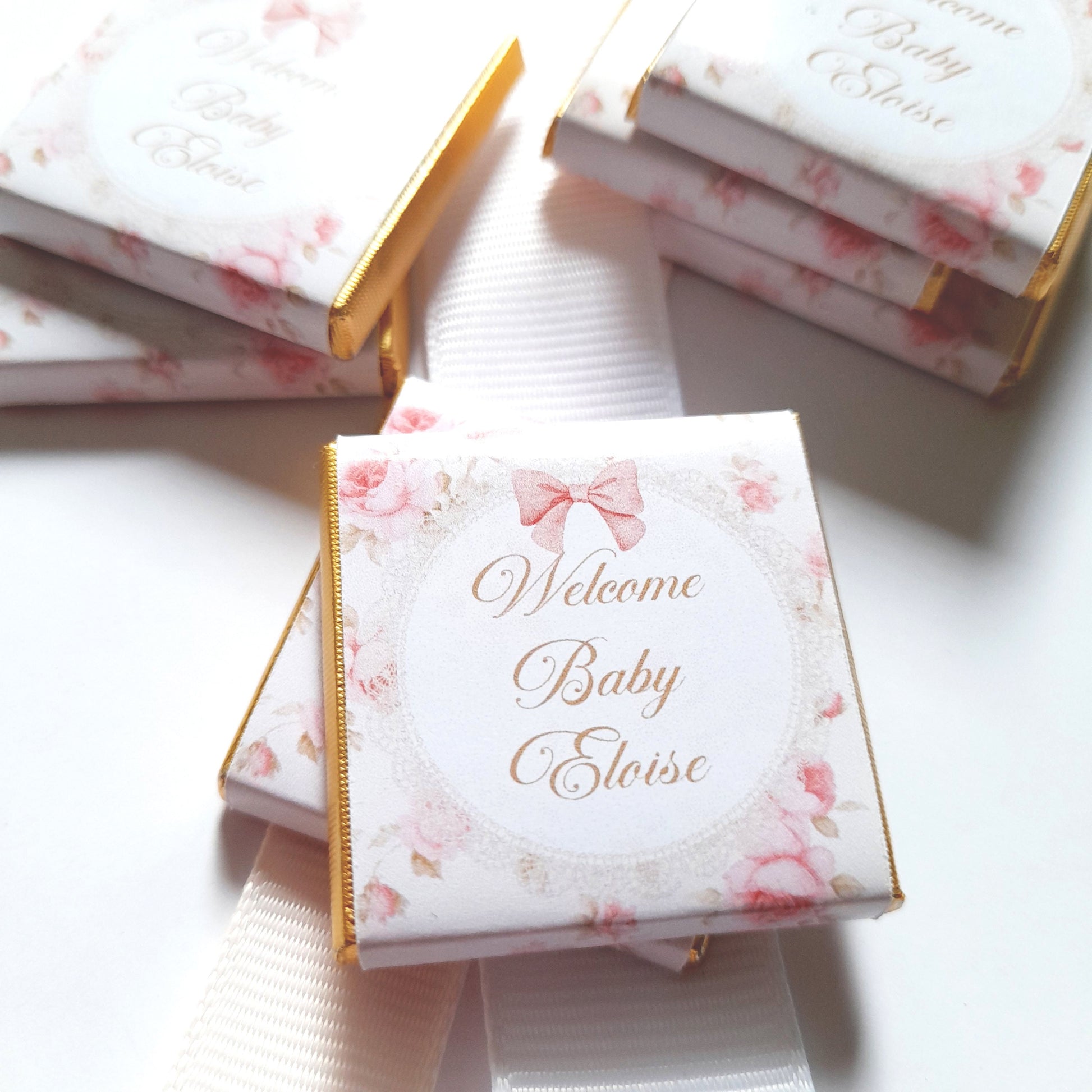 Personalised pink floral milk chocolates for baby girl shower favours and table decor