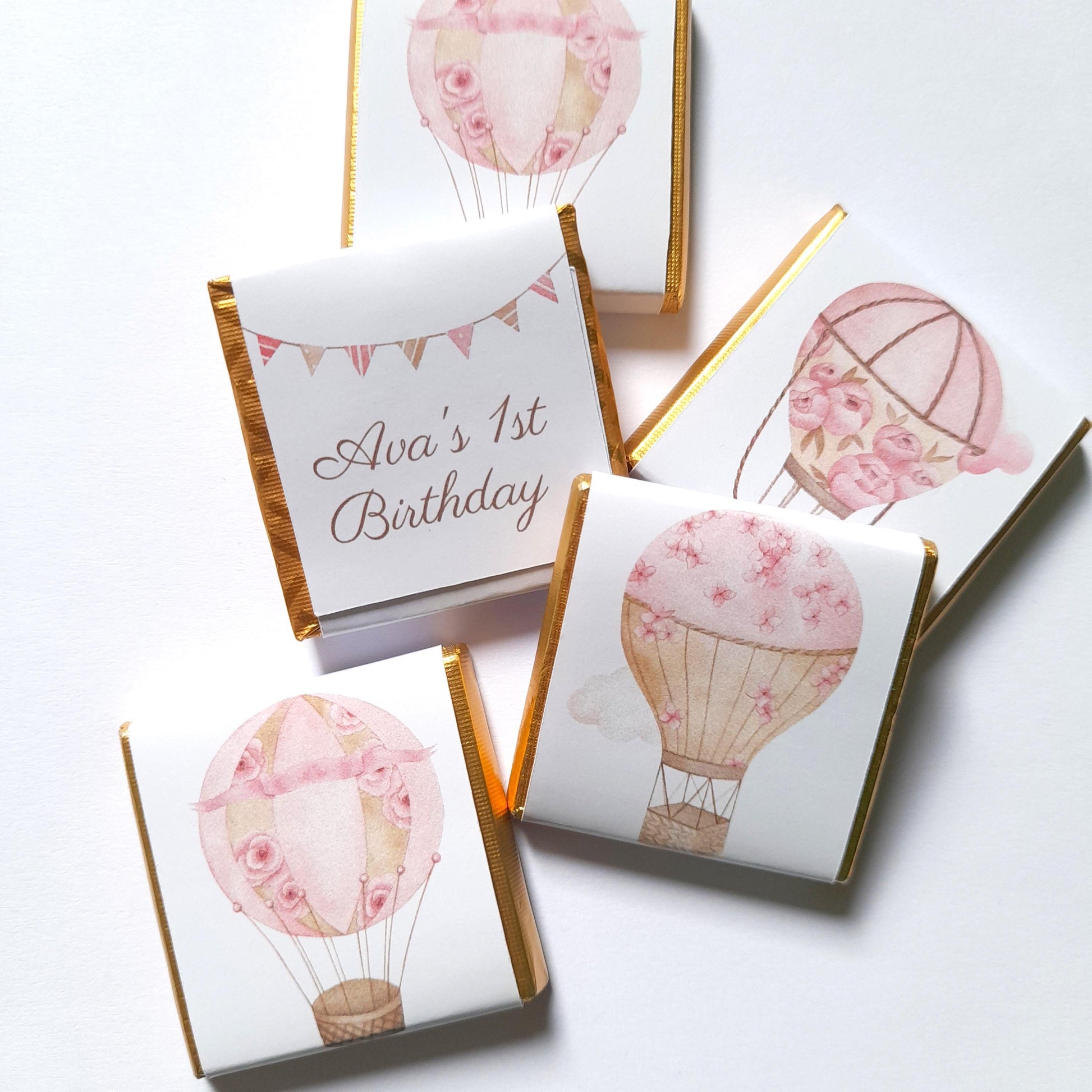 Personalised Pink Hot Air Balloon Chocolate Favours – Baby Shower, Birthday Guest Gifts
