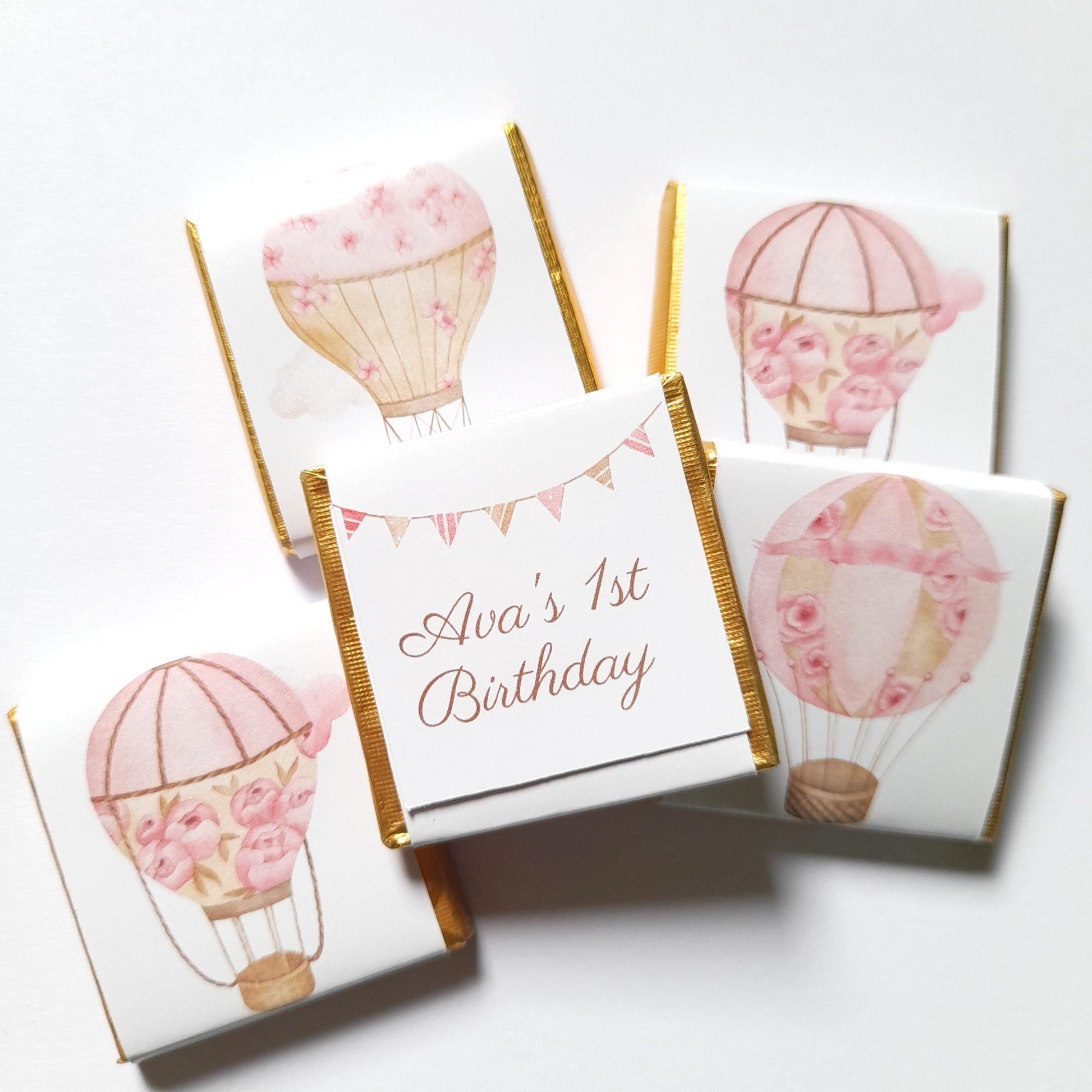 Personalised Pink Hot Air Balloon Chocolate Favours – Baby Shower, Birthday Guest Gifts