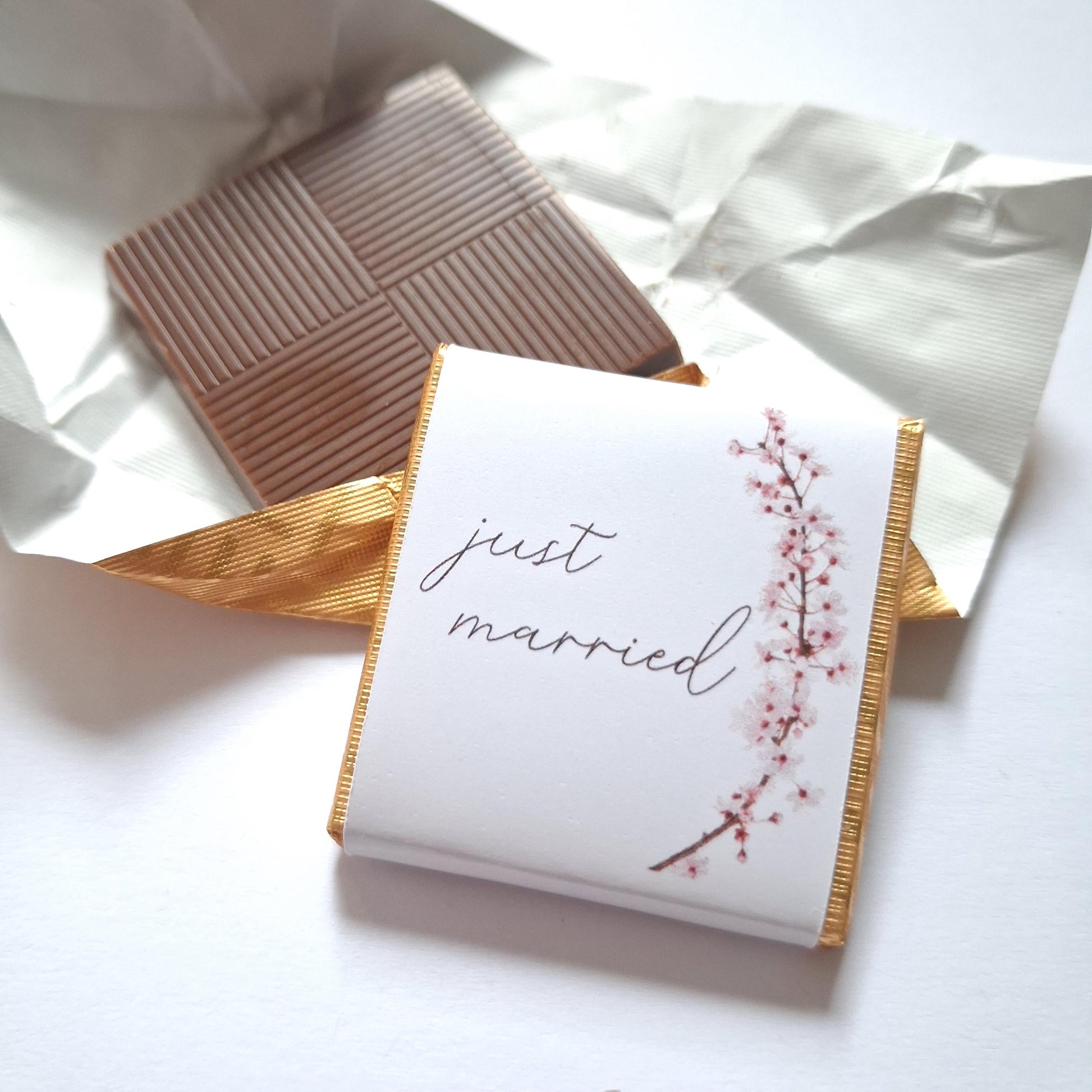 Personalised Cherry Blossom Wedding Favours - Just Married Chocolate Treats - Spring Wedding Table Decor