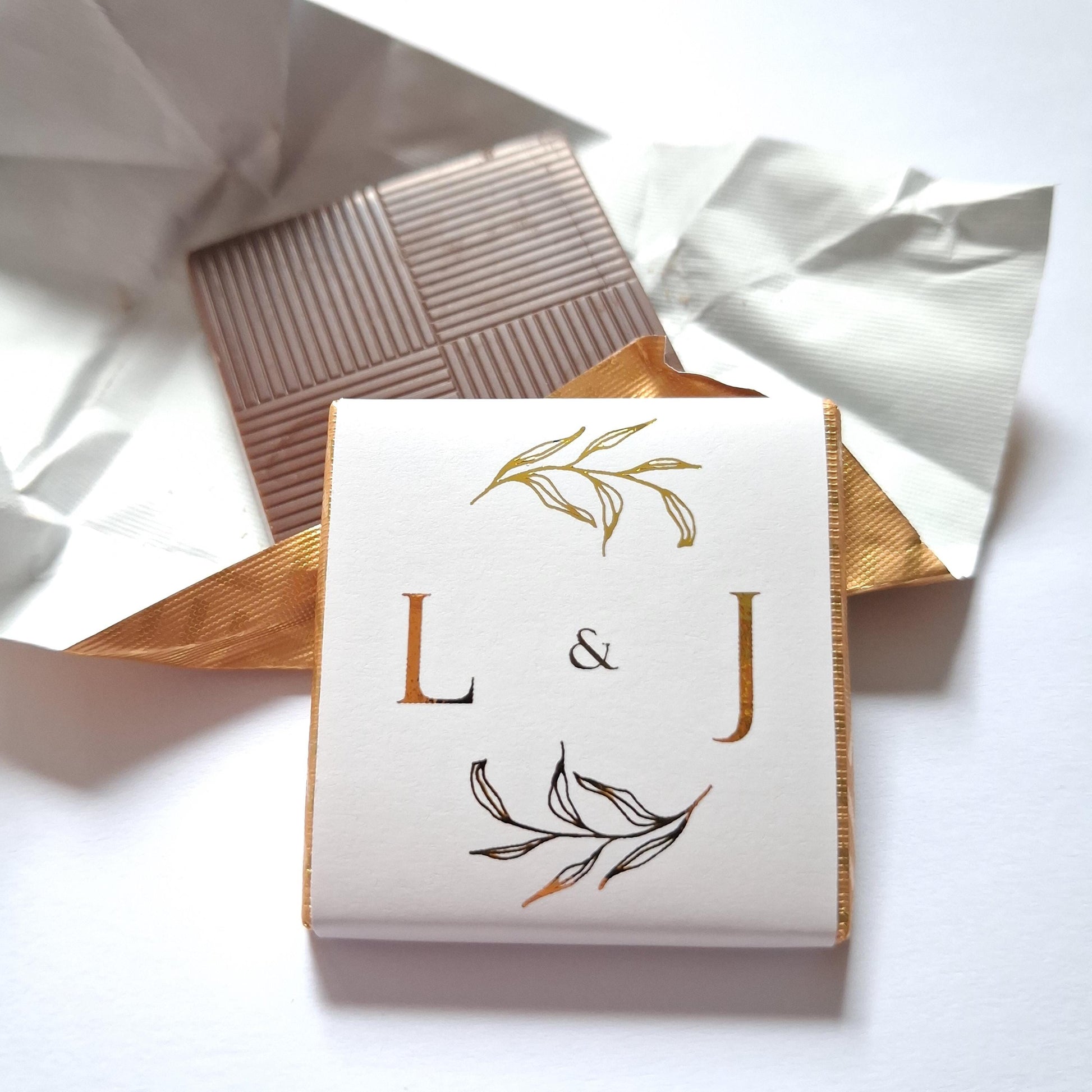 Personalised Wedding Favours, Golden Leaves Initials Chocolates, Gold Foiled Treats