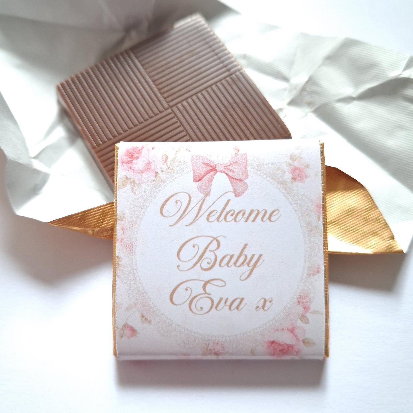 Personalised pink floral milk chocolates for baby girl shower favours and table decor