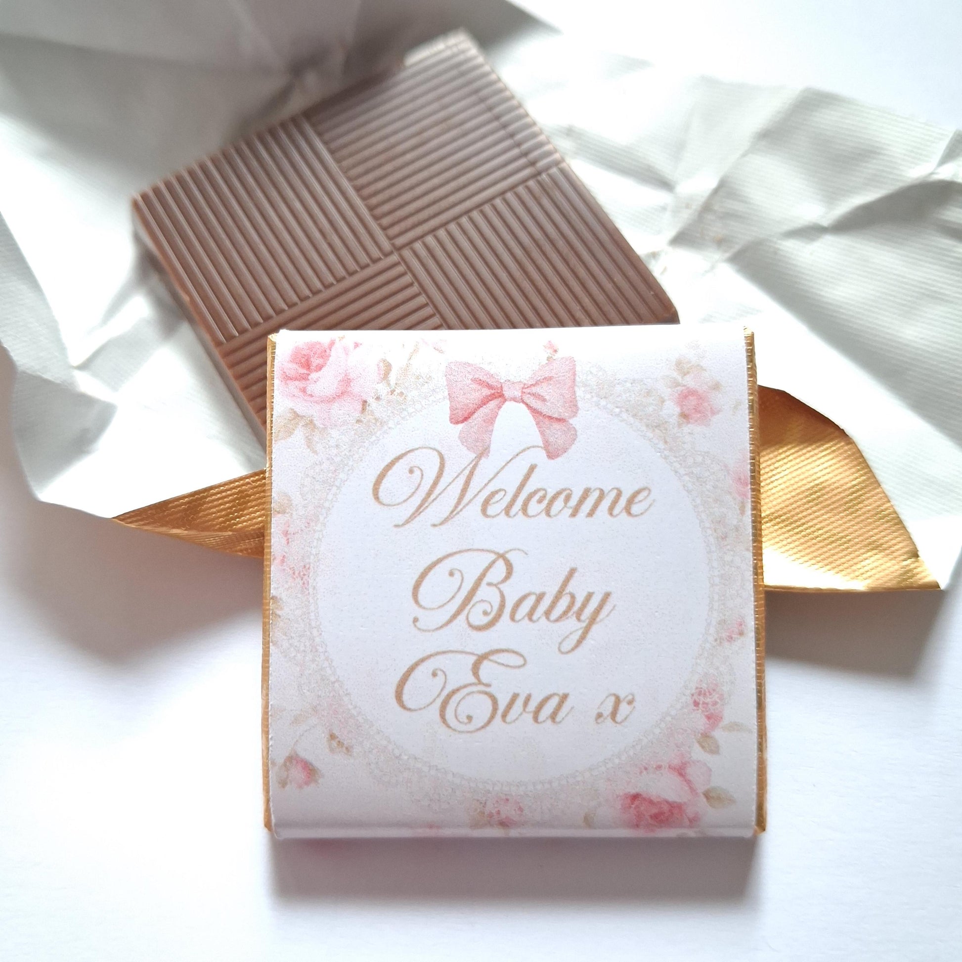 Personalised pink floral milk chocolates for baby girl shower favours and table decor