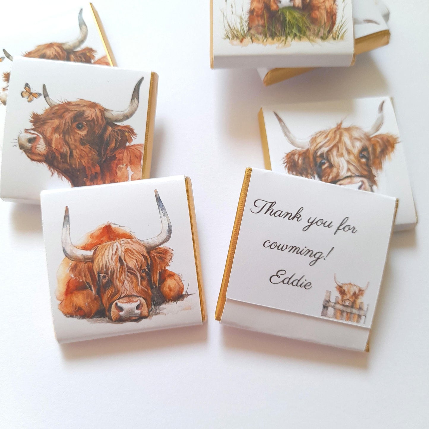 May include: A set of chocolate bar favours featuring a watercolour illustration of a Highland cow. The chocolate bar wrappers are white with gold foil accents. One wrapper has the text "Thank you for cowming! Eddie".