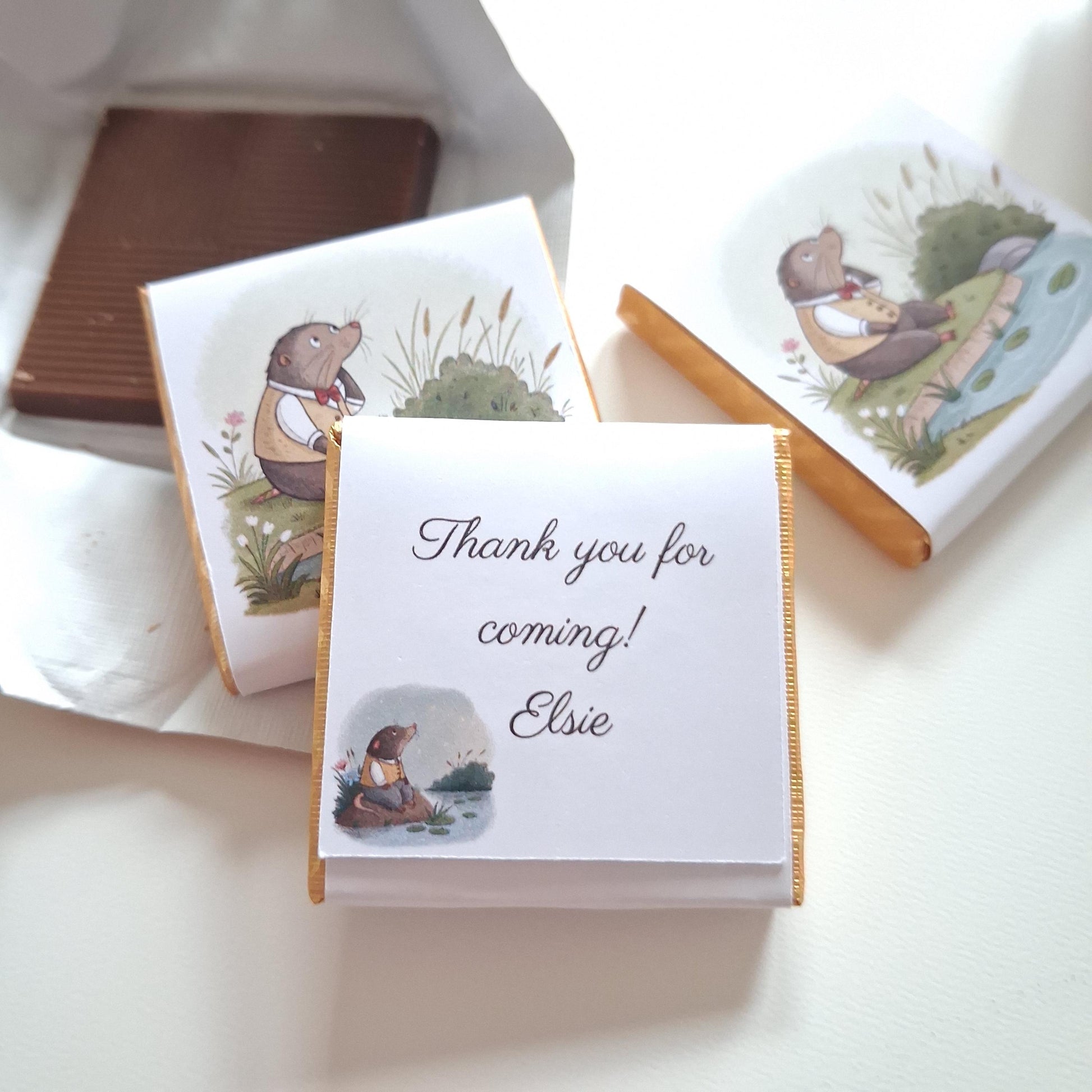 May include: Chocolate bars with mole illustrations on the wrappers. One wrapper says "Thank you for coming! Elsie." The bars have gold foil edges and are partially unwrapped, showing the chocolate inside.