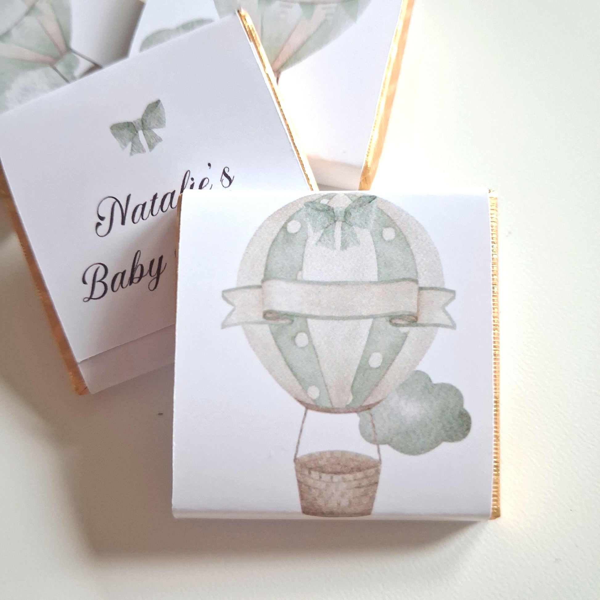 Personalised Pastel Sage Green Baby Shower Chocolate Favours – Hot Air Balloon Design