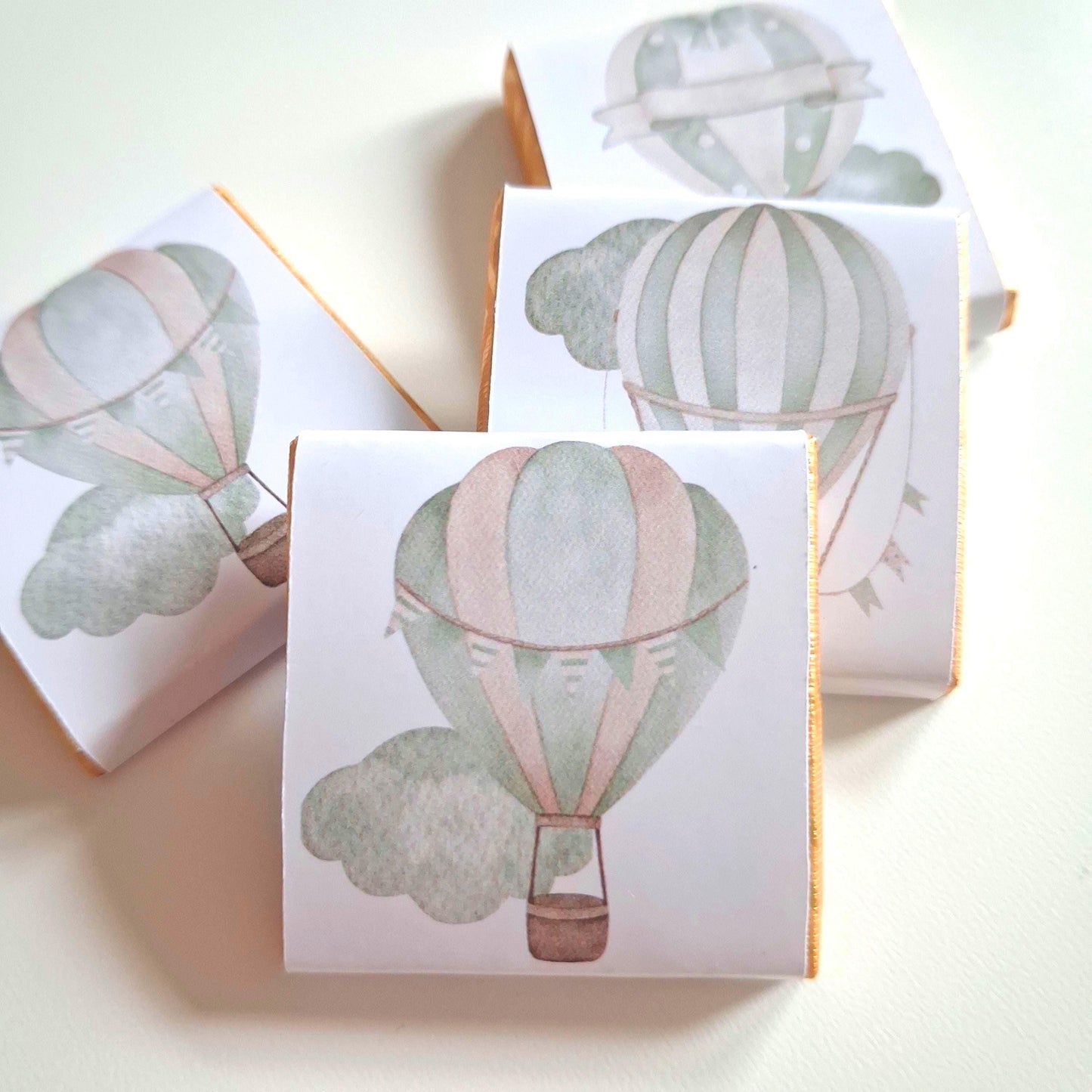 Personalised Pastel Sage Green Baby Shower Chocolate Favours – Hot Air Balloon Design