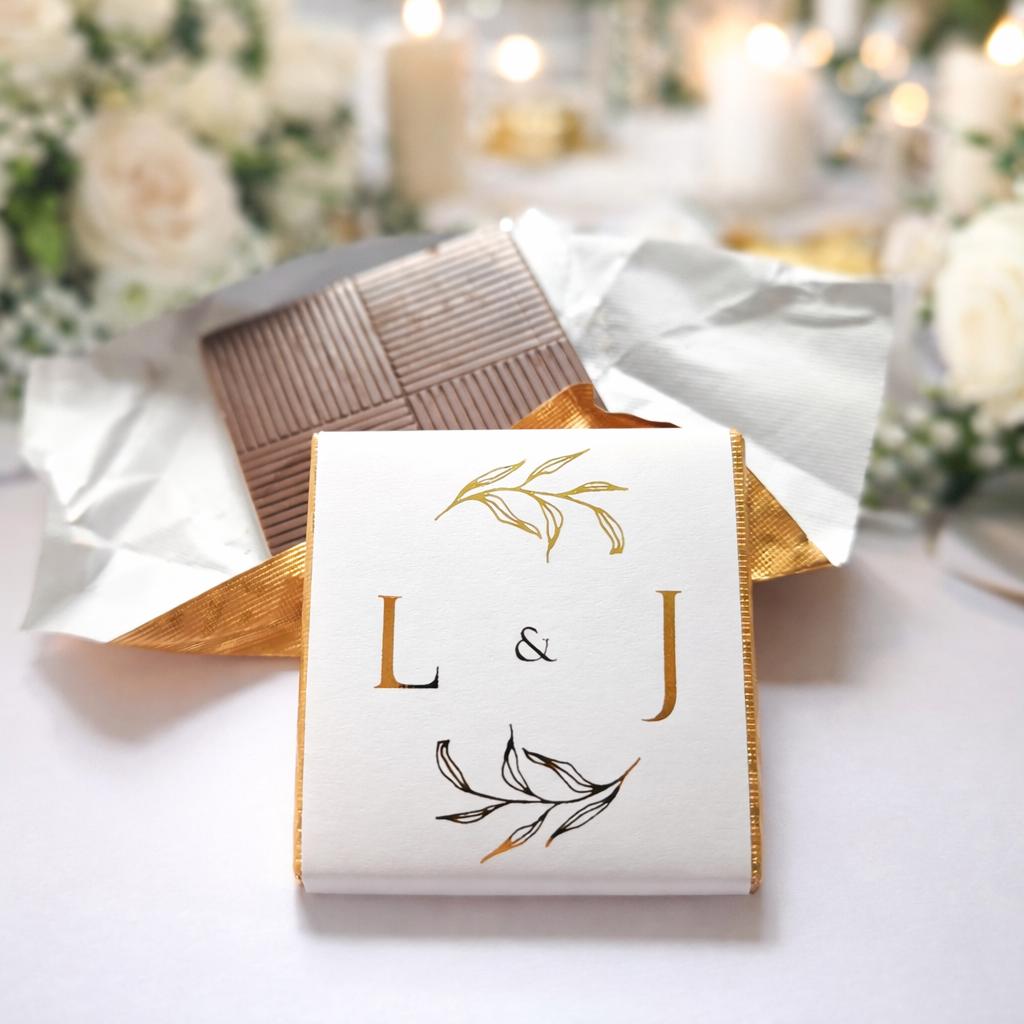 Personalised Wedding Favours, Golden Leaves Initials Chocolates, Gold Foiled Treats