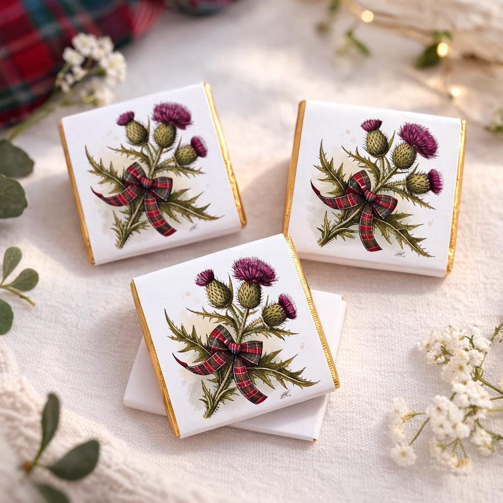 Personalised Scottish Thistle Favours - Scottish Wedding Chocolate - Highland Theme Party Bag Fillers - Burns Night Table Decor