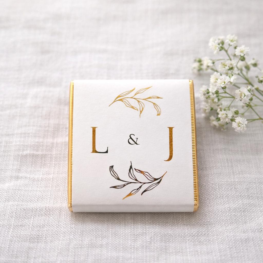 Personalised Wedding Favours, Golden Leaves Initials Chocolates, Gold Foiled Treats
