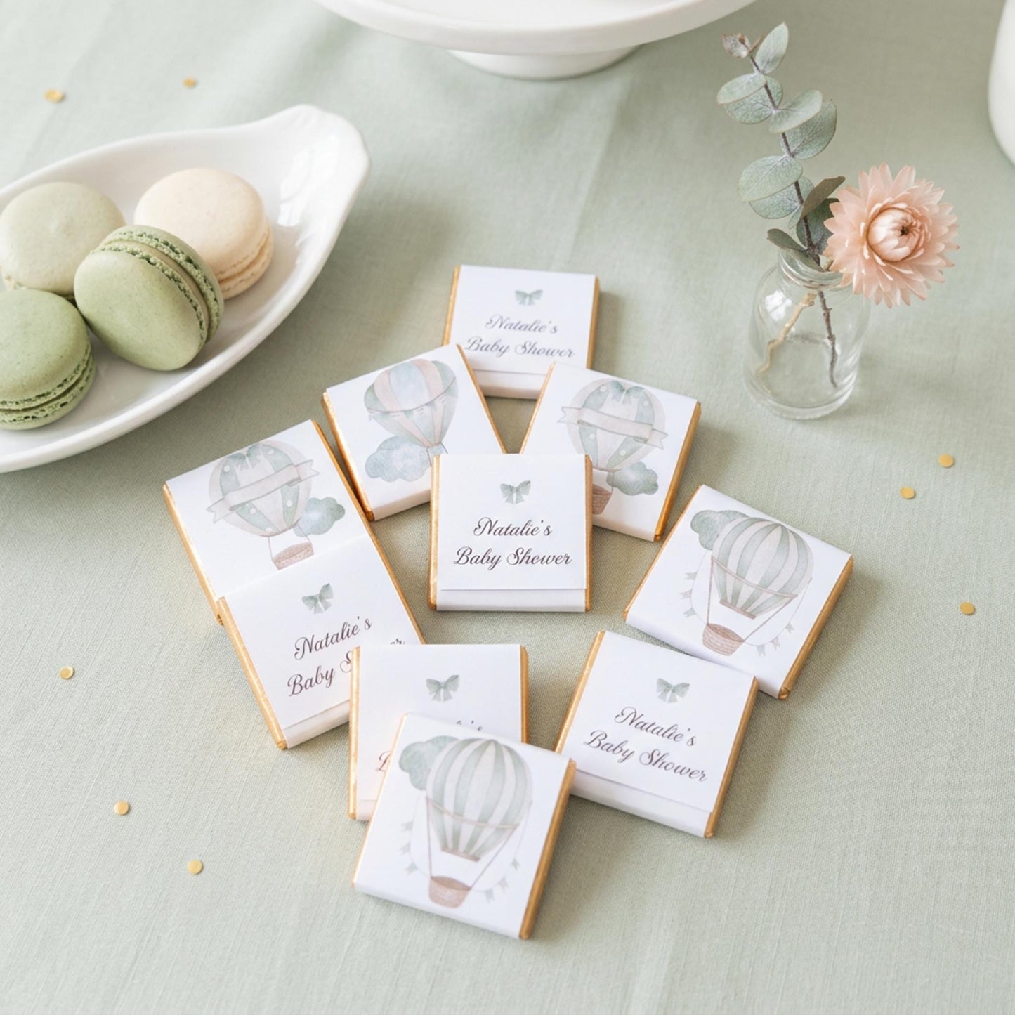 Personalised Pastel Sage Green Baby Shower Chocolate Favours – Hot Air Balloon Design