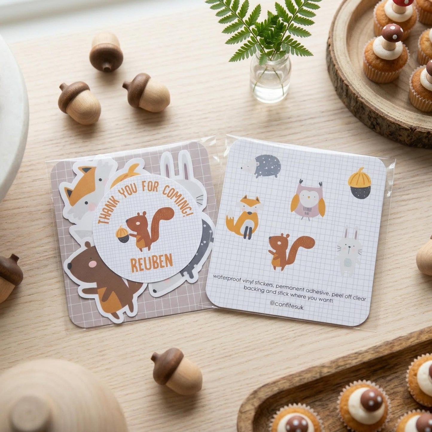 Personalised Woodland Vinyl Stickers Party Bags, Custom Forest Animal Birthday Favours