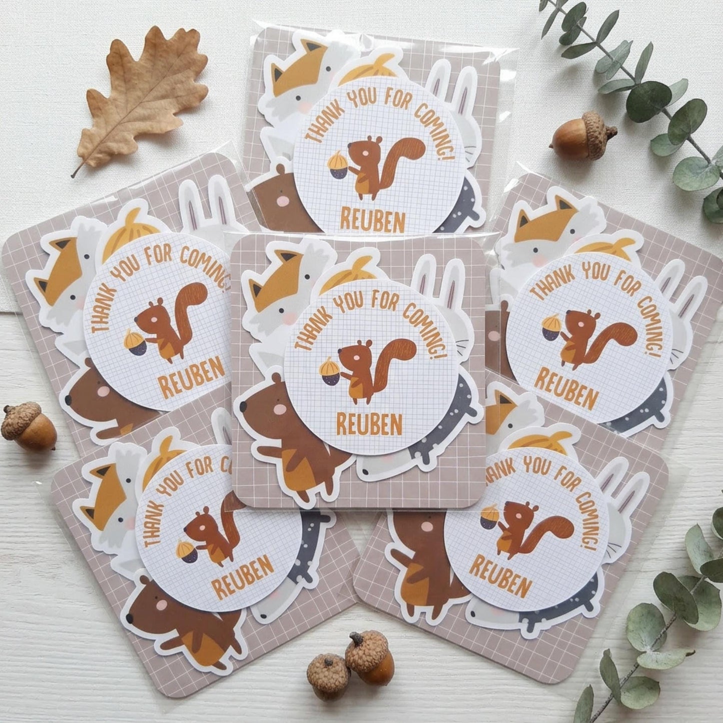 Personalised Woodland Vinyl Stickers Party Bags, Custom Forest Animal Birthday Favours