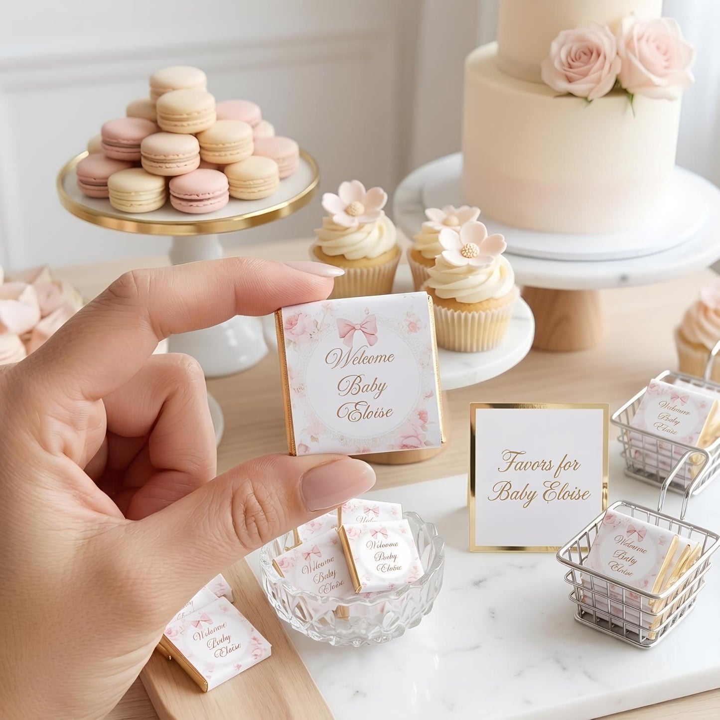 Personalised pink floral milk chocolates for baby girl shower favours and table decor