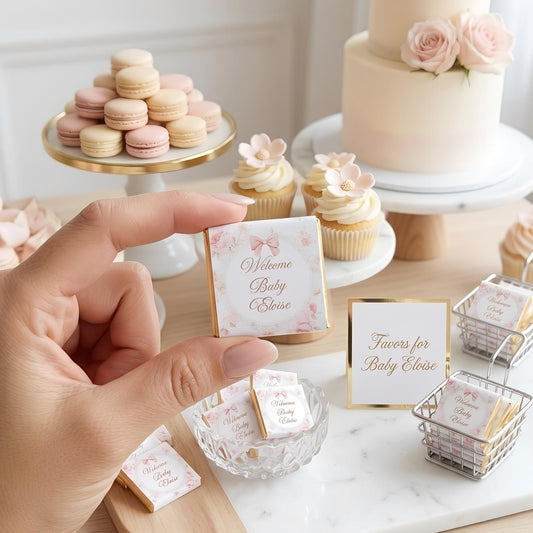 Personalised pink floral milk chocolates for baby girl shower favours and table decor