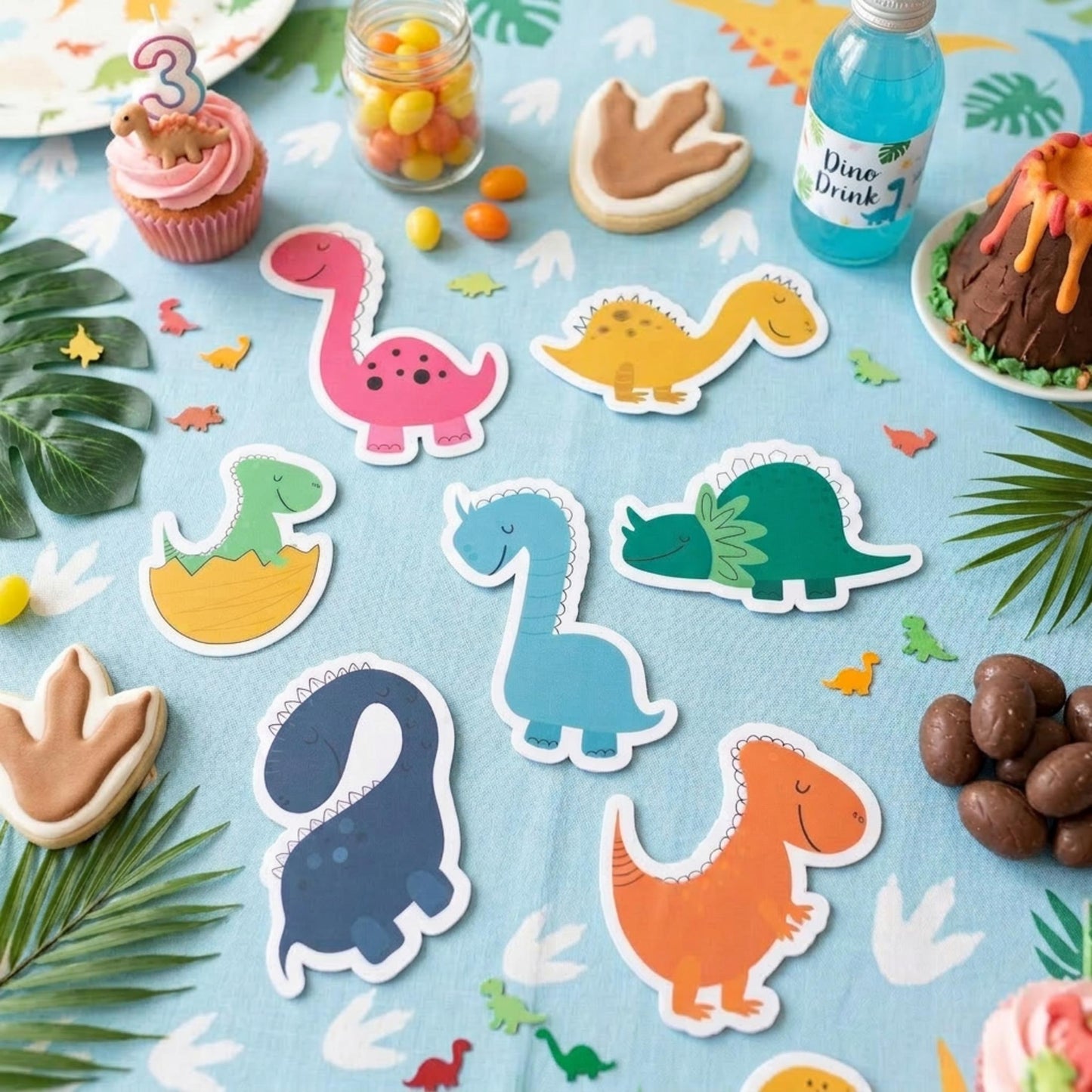 Personalised Colorful Dinosaur Vinyl Stickers Party Bags, Custom Dino Birthday Favours