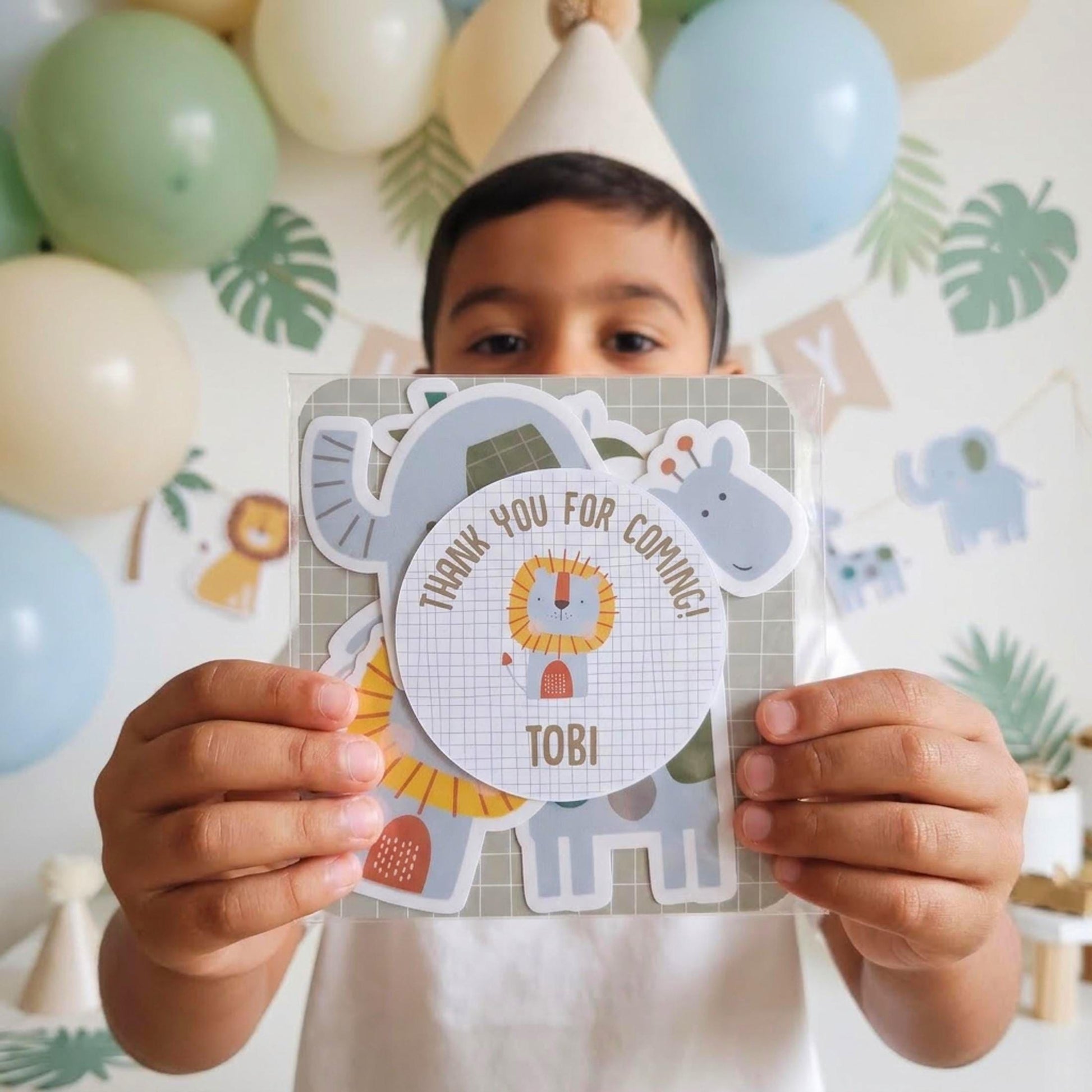 Personalised Safari Vinyl Stickers Party bags, Zoo Birthday Waterproof Decals