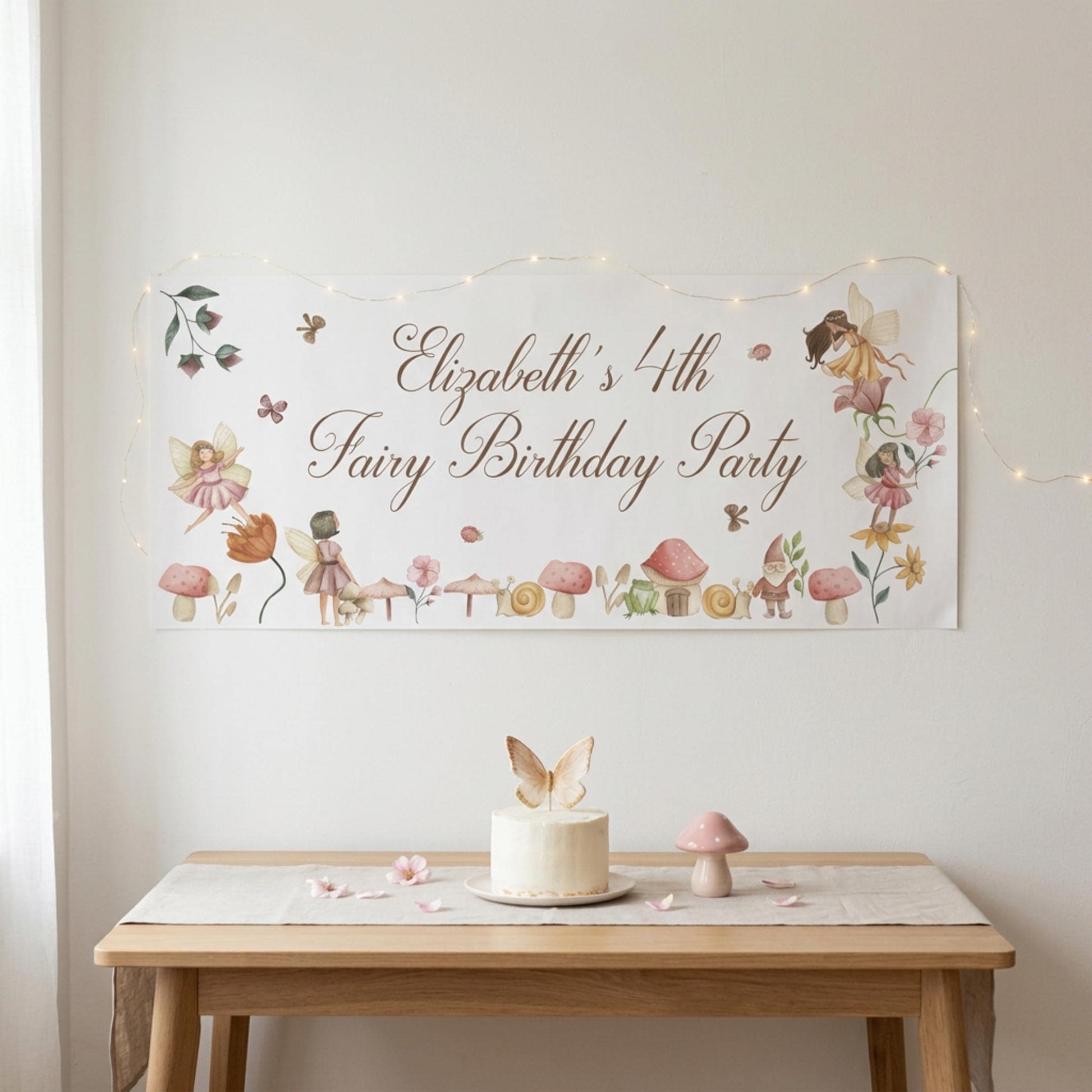 Personalised Fairy Woodland Birthday Banner, Custom Girls Party Backdrop, Matte Paper Print